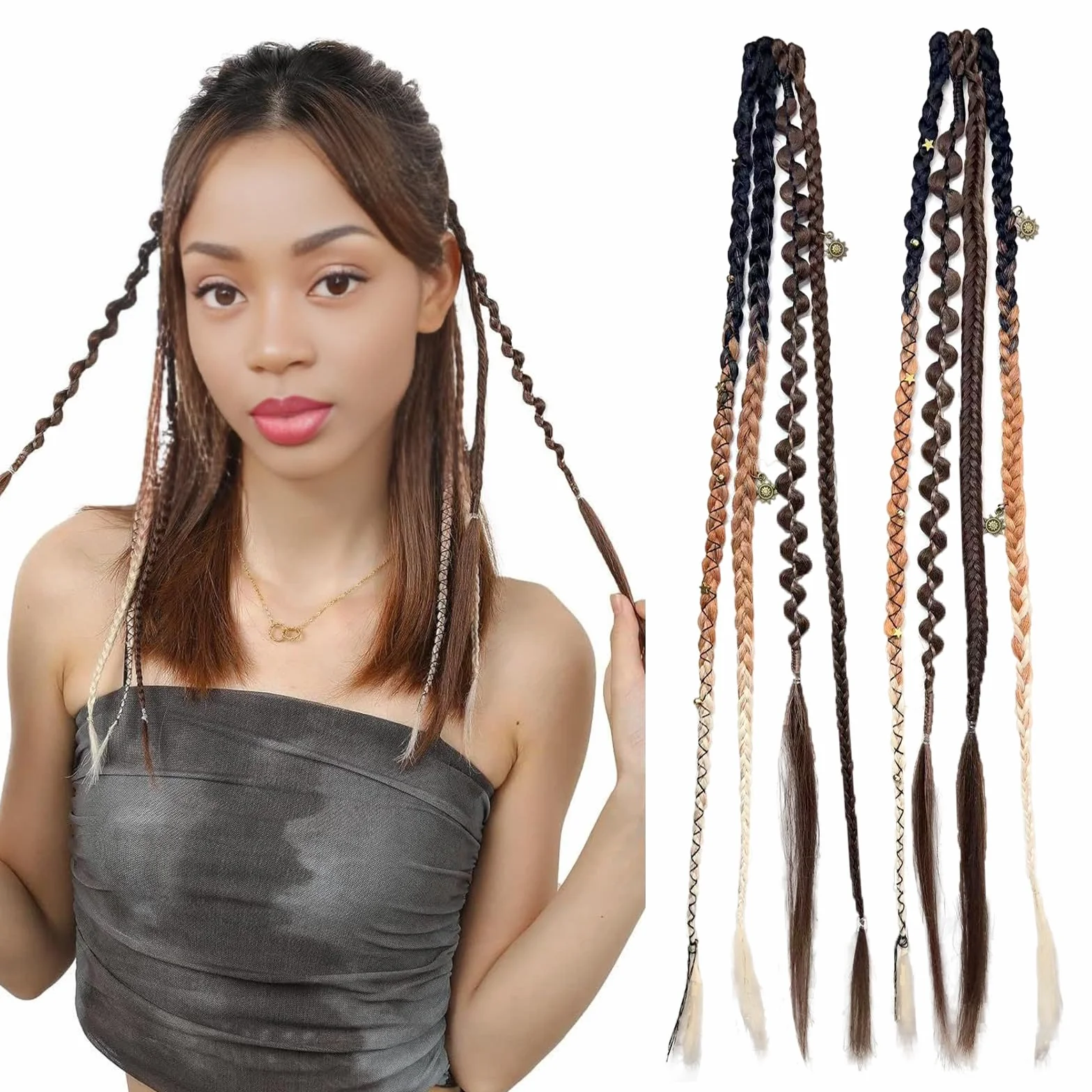 Clip in Braids 2 Sztuki Bohemian Braid Extensions z Klipsami 16 Calowe Syntetyczne Plecione Treski z Koralikami do Codziennych Stylizacji