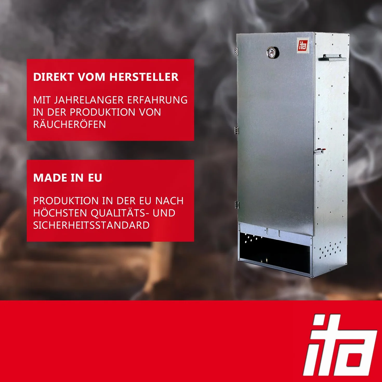 ITA Elektryczny piec wędzarniczy 7003 – zestaw wędzarniczy z ogrzewaniem, generator dymu – szafka wędzarnicza XL z termometrem – stal stopowa – jakość UE, bezpośrednio od producenta – 111 cm z 4