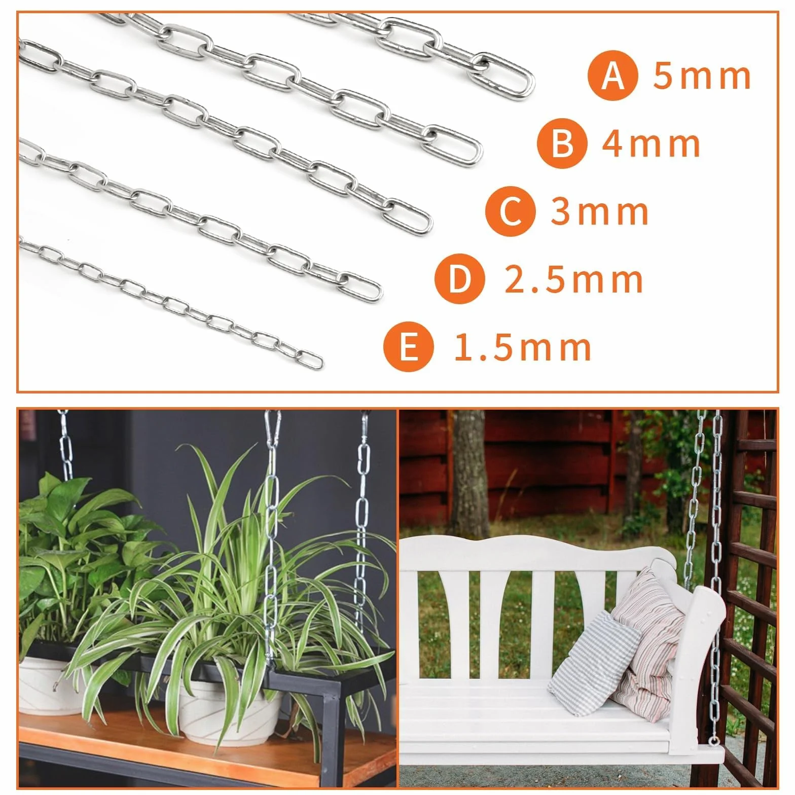 Łańcuszek ze stali nierdzewnej, mocny łańcuszek przedłużający ze stali nierdzewnej, 1,5 m, średnica 4 mm, łańcuch stalowy, okrągły łańcuch ogniwowy z karabińczykiem, do łańcucha dla psów,