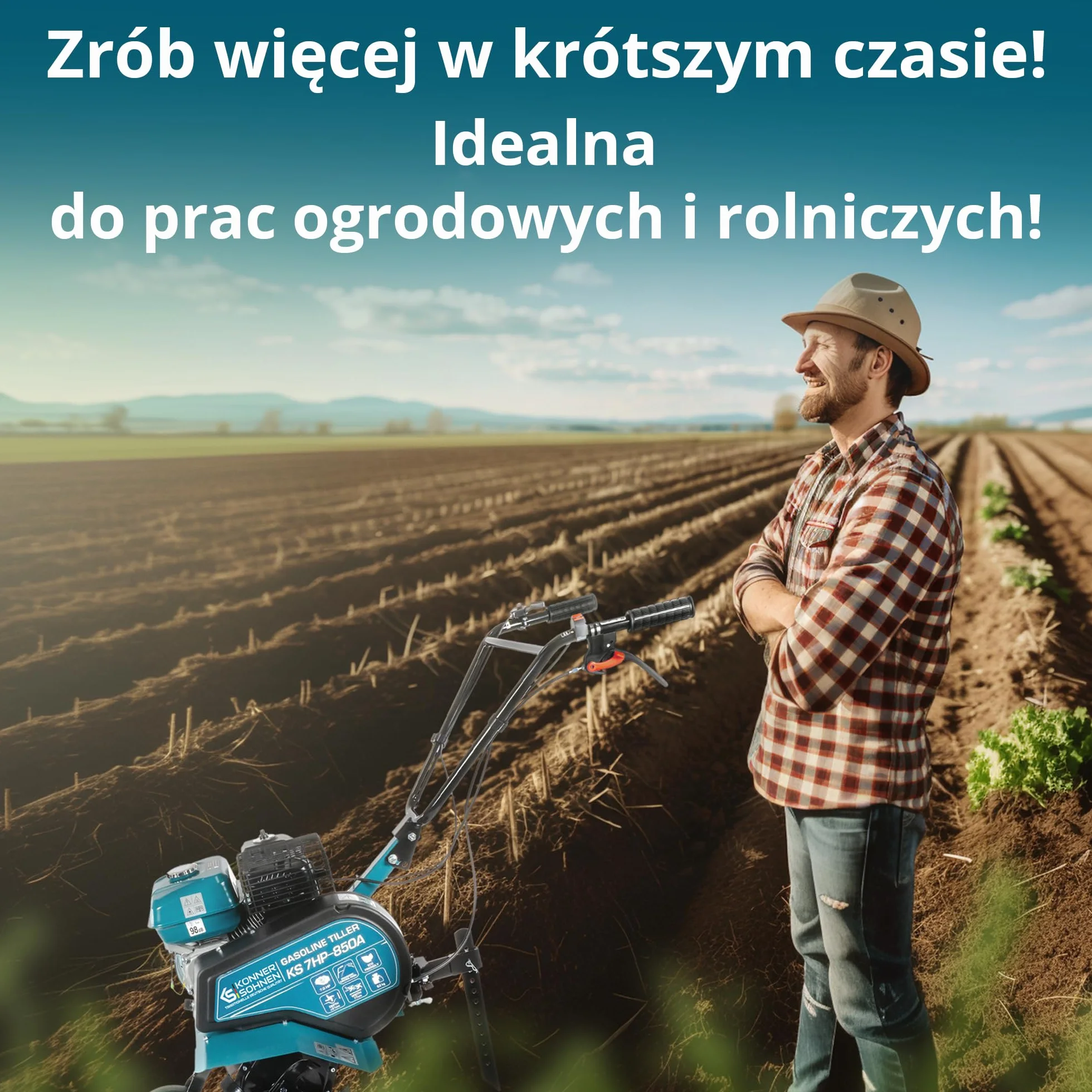 Glebogryzarka Benzynowa Könner & Söhnen KS 7HP-850A Kultywator Spalinowy z Paskiem, Napędem łańcuchowym, Kute Nożyce Szablaste, Regulowany Otwieracz, Szerokość Robocza ≤ 80 cm, Głębokość Robocza ≤ 31 cm, Moc Silnika 7,0 KM