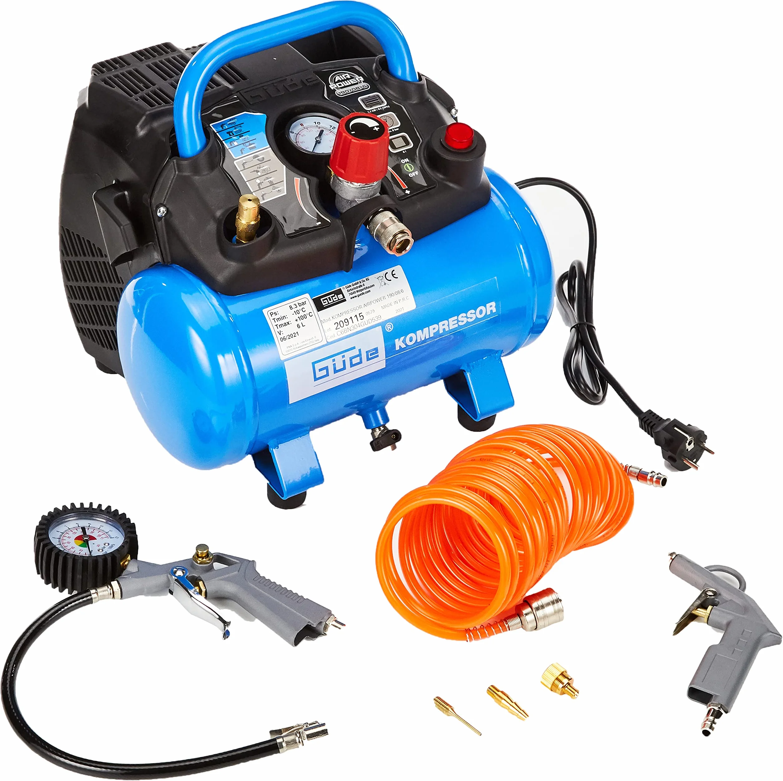 Güde Sprężarka Airpower 190/08/6 (bezolejowa, maks. ciśnienie 8 barów, kocioł 6 l, 1100 W, eff. ilość dostawy 145 l/min, reduktor ciśnienia/manometr/śruba spustowa kondensatu, w zestawie 6-częściowy