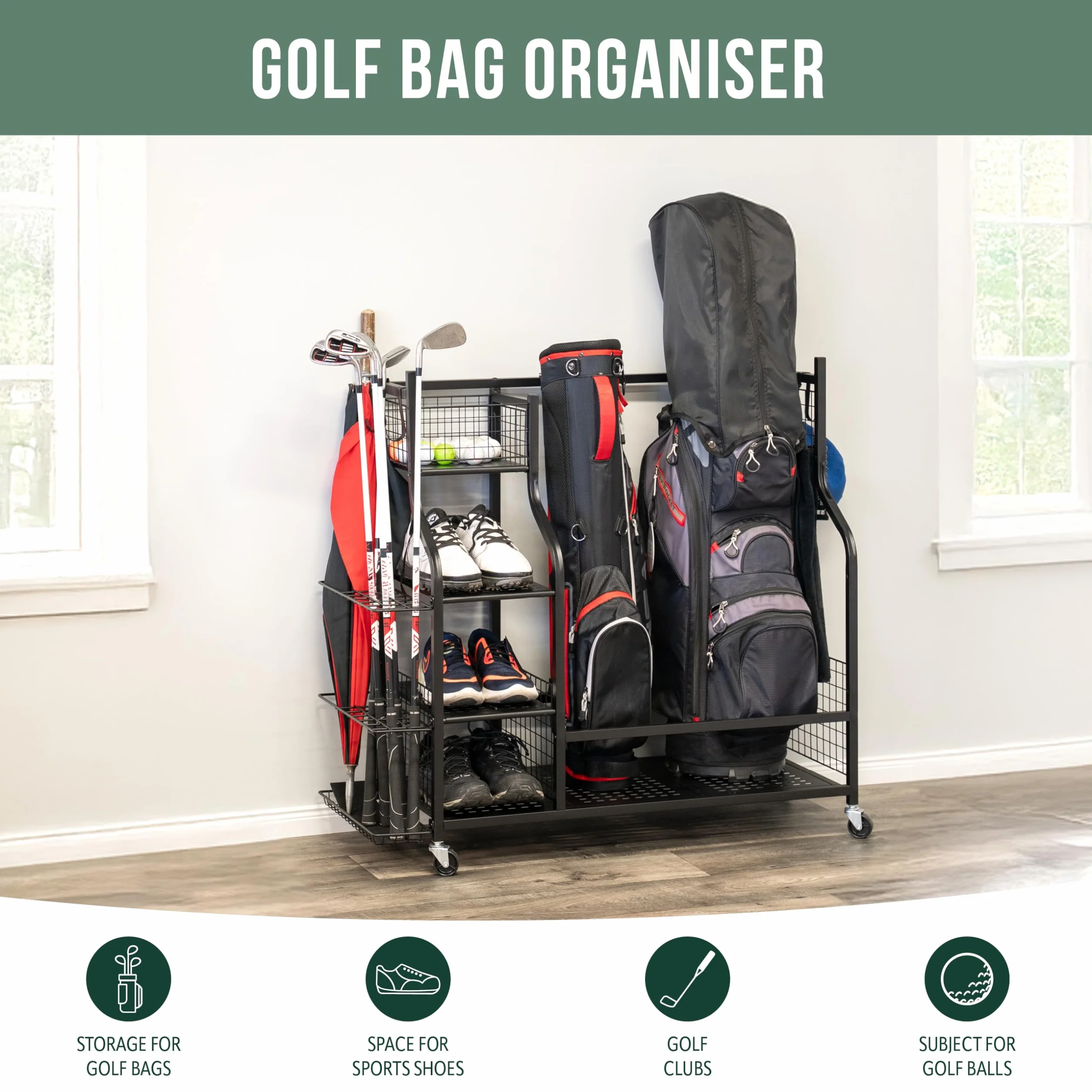 eluno Organizer na torby golfowe, wózek regałowy ze stabilnymi półkami i koszami, regał do przechowywania pasuje do 2 toreb golfowych i akcesoriów do golfa, uchwyt na torbę golfową, z czarnej stali