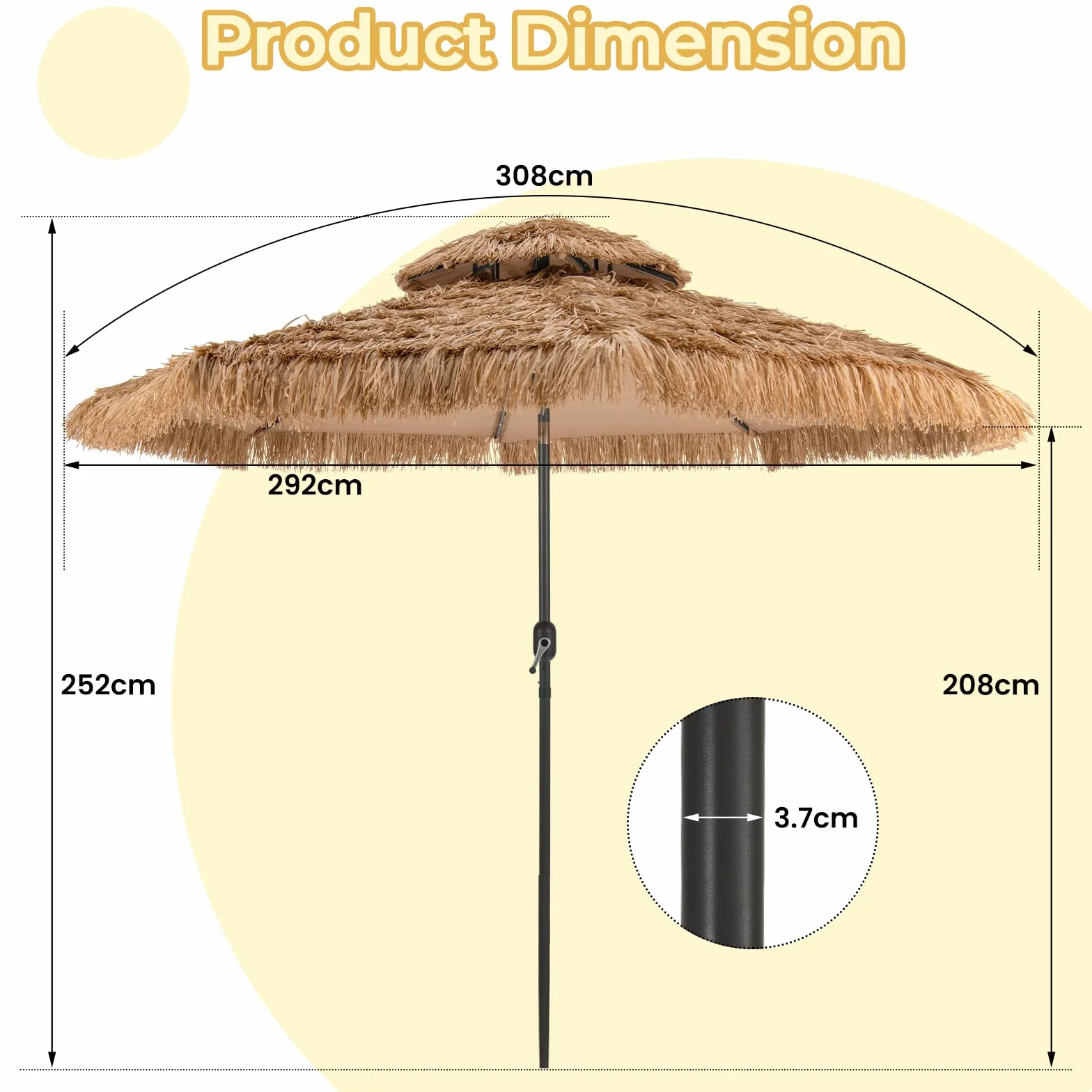 Parasol plażowy KOMFOTTEU Ø270/300 cm, ze słomy PE, nachylony, podwójny dach, do ogrodu