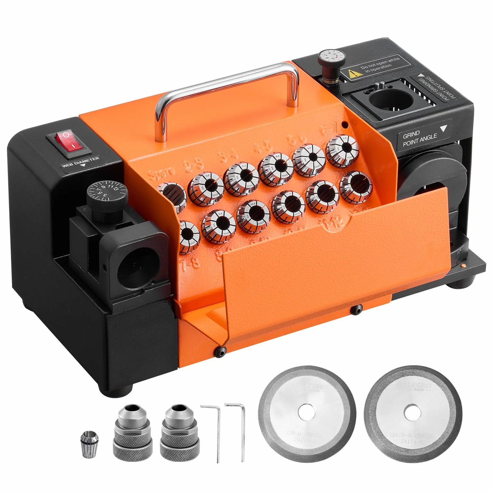 VEVOR MR-13D szlifierka do wierteł 3-15 mm z regulowanym kątem fazowania, przednia krawędź tnąca i kąt końcówki 95°-135°, z 13 szczypcami, tarczami CBN i SDC
