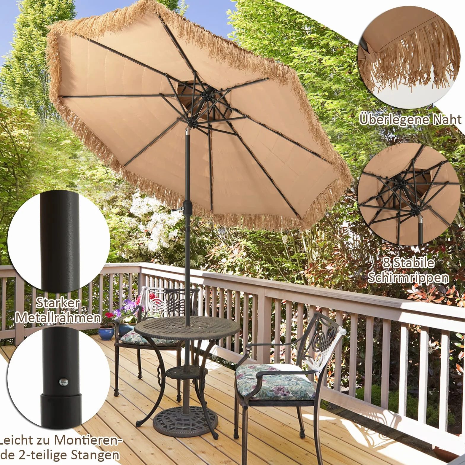 COSTWAY Hawaii parasol przeciwsłoneczny, 270 cm, Podstawa parasola nie jest dołączona, słomkowy parasol z podwójnym dachem, parasol ogrodowy, odchylany, słomkowy parasol plażowy