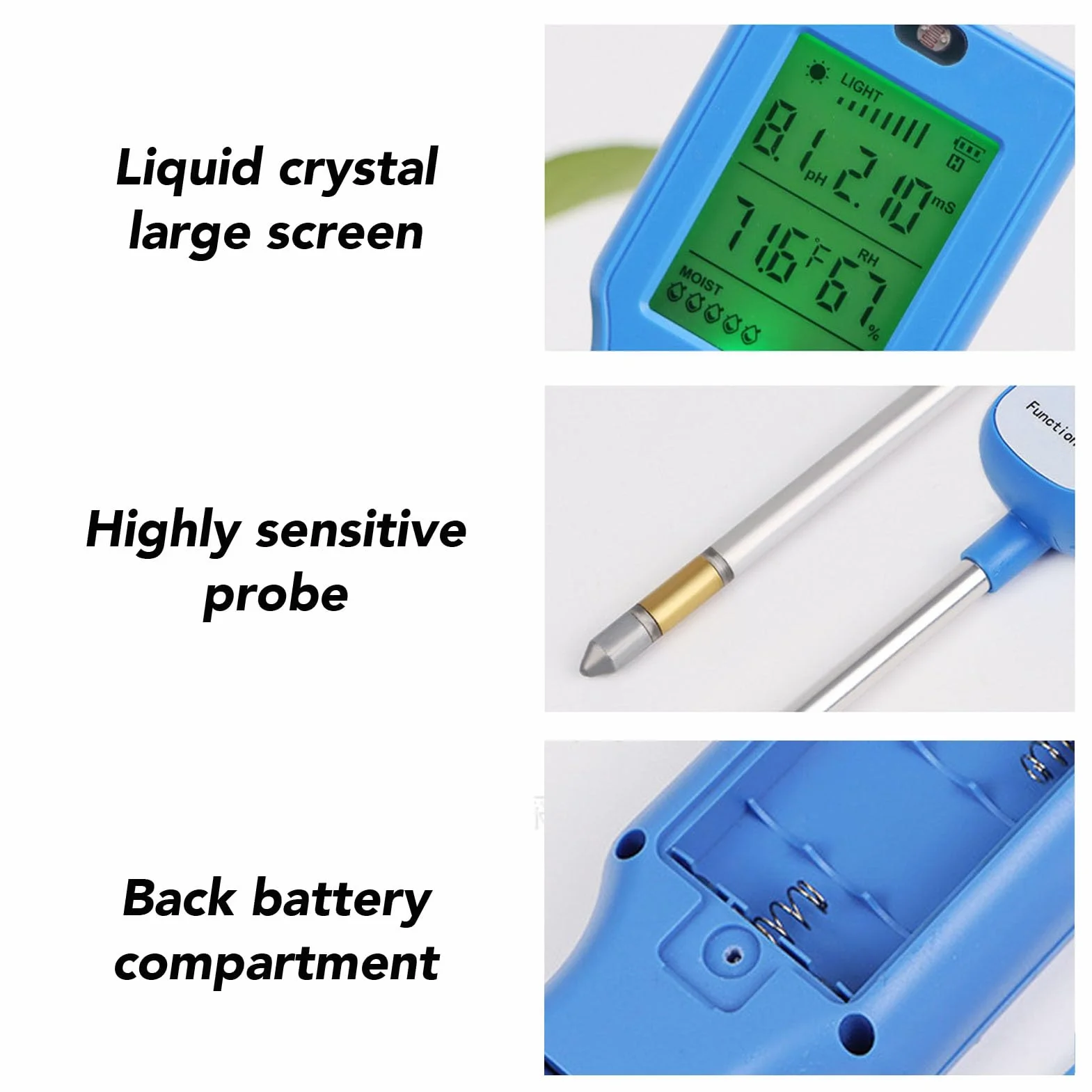 Bewinner Miernik Gleby 6 w 1 PH Wilgotność Światło Temperatura Płodność Podświetlenie LCD Instrument Ogrodniczy