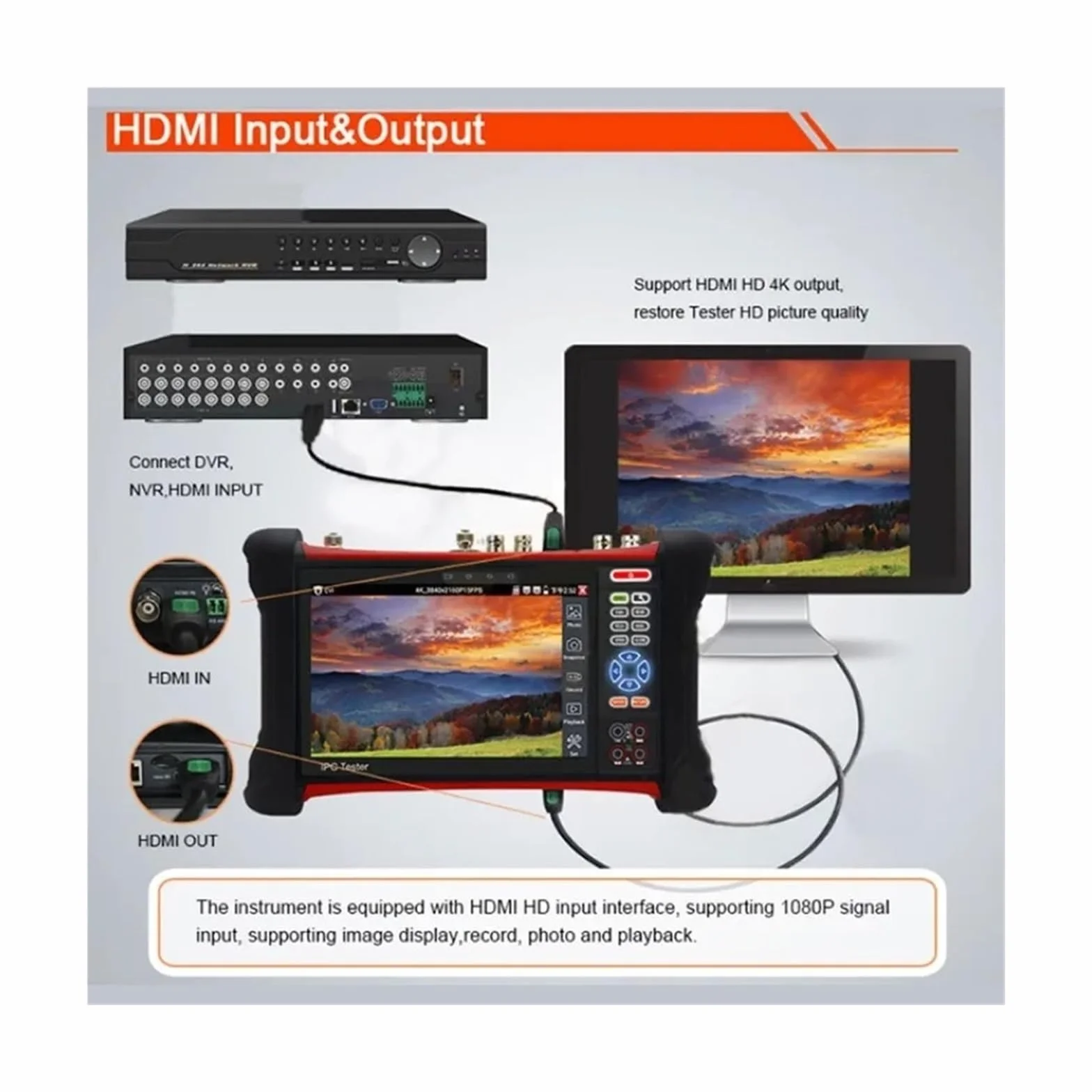 Tester CCTV, 7-calowy 4k CCTV IPC Tester 8MP | Z TVI CVI SDI CVBS IP AHD 6 W 1 Monitor testera kamery z POE UTP TDR Miernik mocy optycznej do testowania kamer CCTV i IP.