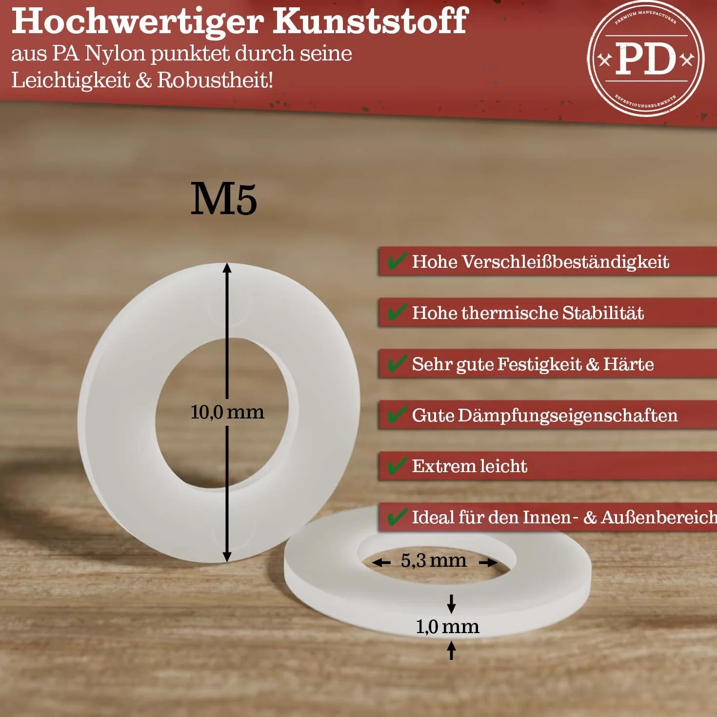 PD® Podkładki z tworzywa sztucznego M5 (DIN 125 kształt A/ISO 7089) | wysokiej jakości podkładki nylonowe PA | tarcze z tworzywa sztucznego poliamidowe o małej średnicy zewnętrznej | 25 sztuk