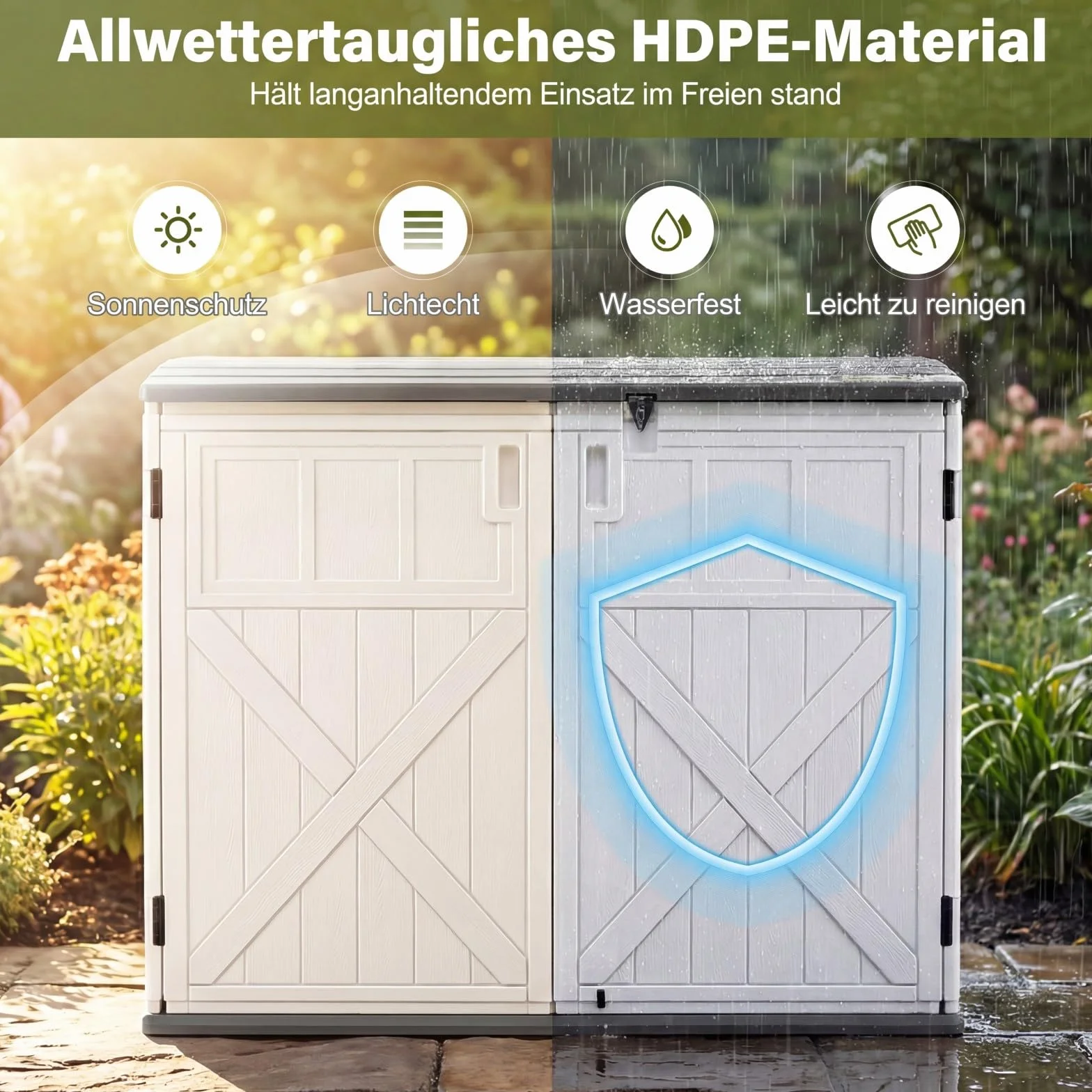 COSTWAY Szafka ogrodowa, odporna na warunki atmosferyczne, szafka na narzędzia z regulowanym regałem, zamykaną pokrywą i drzwiami, szafka tarasowa z HDPE, szafka do przechowywania na zewnątrz, 118 x