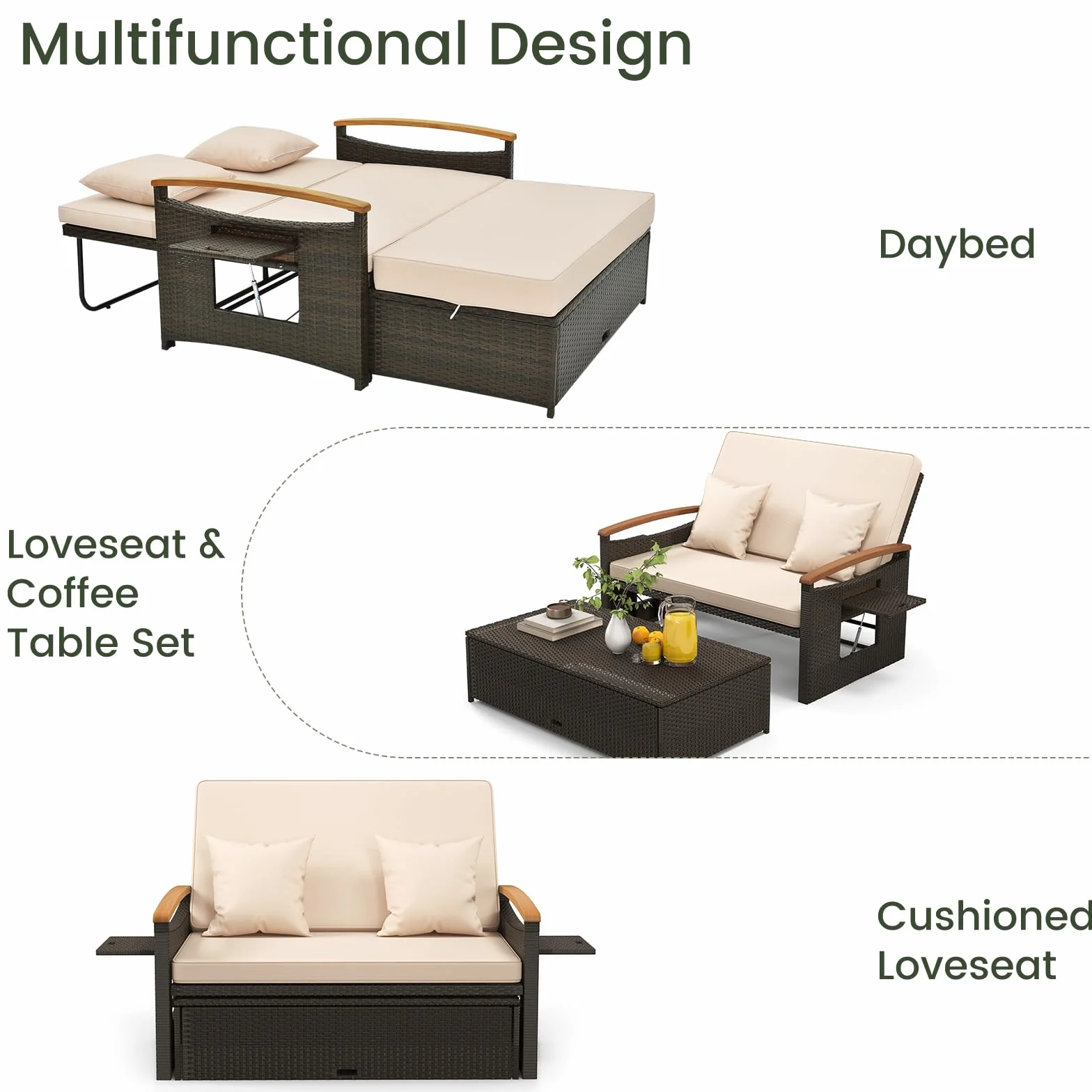 LIFEZEAL salon ogrodowy 2-osobowa sofa z regulowanym oparciem 4-pozycyjnym rattan PE obciążenie 360 kg