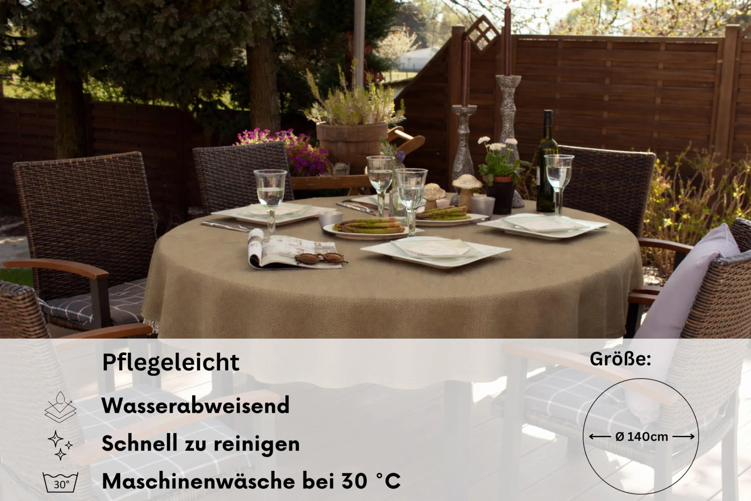 Brandsseller Obrus na stół ogrodowy, z pianki, odporny na warunki atmosferyczne, antypoślizgowy, do ogrodu, na balkon i na kemping – beżowy, okrągły, 140 cm