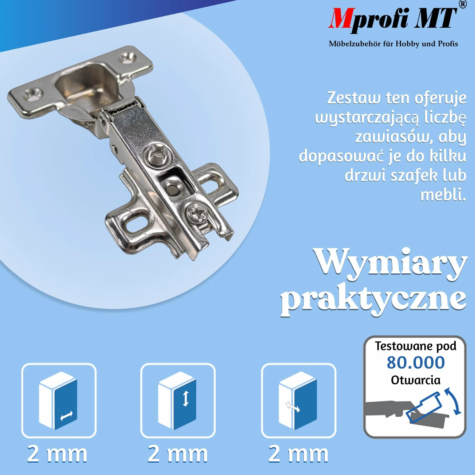 Mprofi MT® Zestaw 4 Zawiasów do Drzwi Szafy i Mebli - Ø 35 mm - do Szafek Kuchennych - Ogranicznik Narożny P/R/4