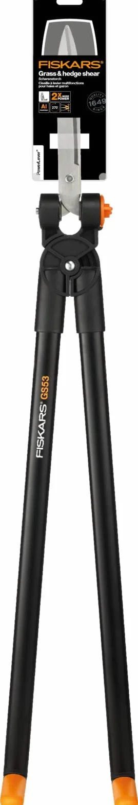 Fiskars Dźwigniowe nożyce do żywopłotu i trawy, Zasięg do 2,5 m, Czarno-pomarańczowe, PowerLever, GS53, 1001565