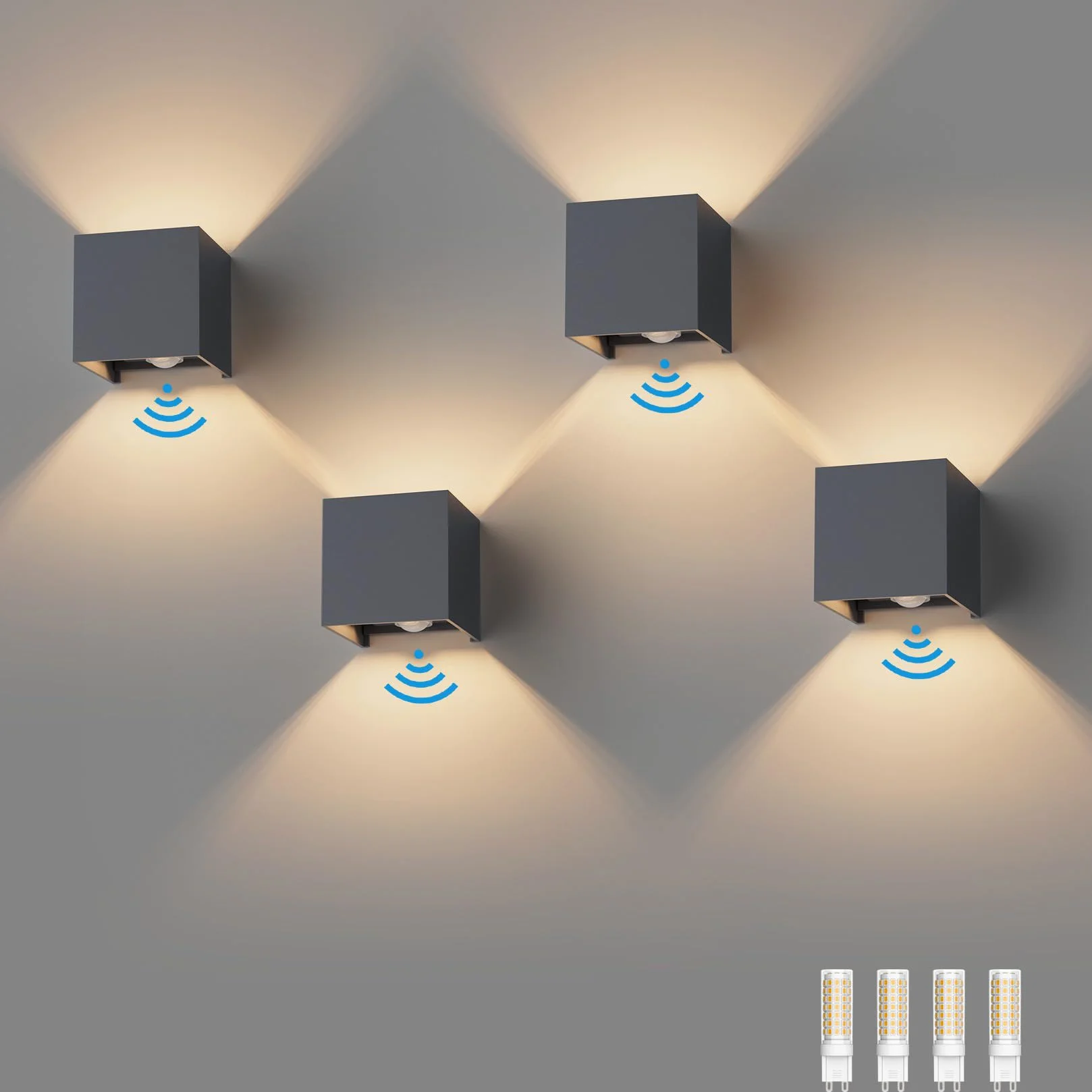 Klighten 4 szt. Zewnętrzna lampa ścienna z czujnikiem ruchu, IP54, oświetlenie ścienne wewnętrzne z regulowanym kątem wiązki, z wymienną żarówką LED G9, ciepła biel 3000 K, antracytowa