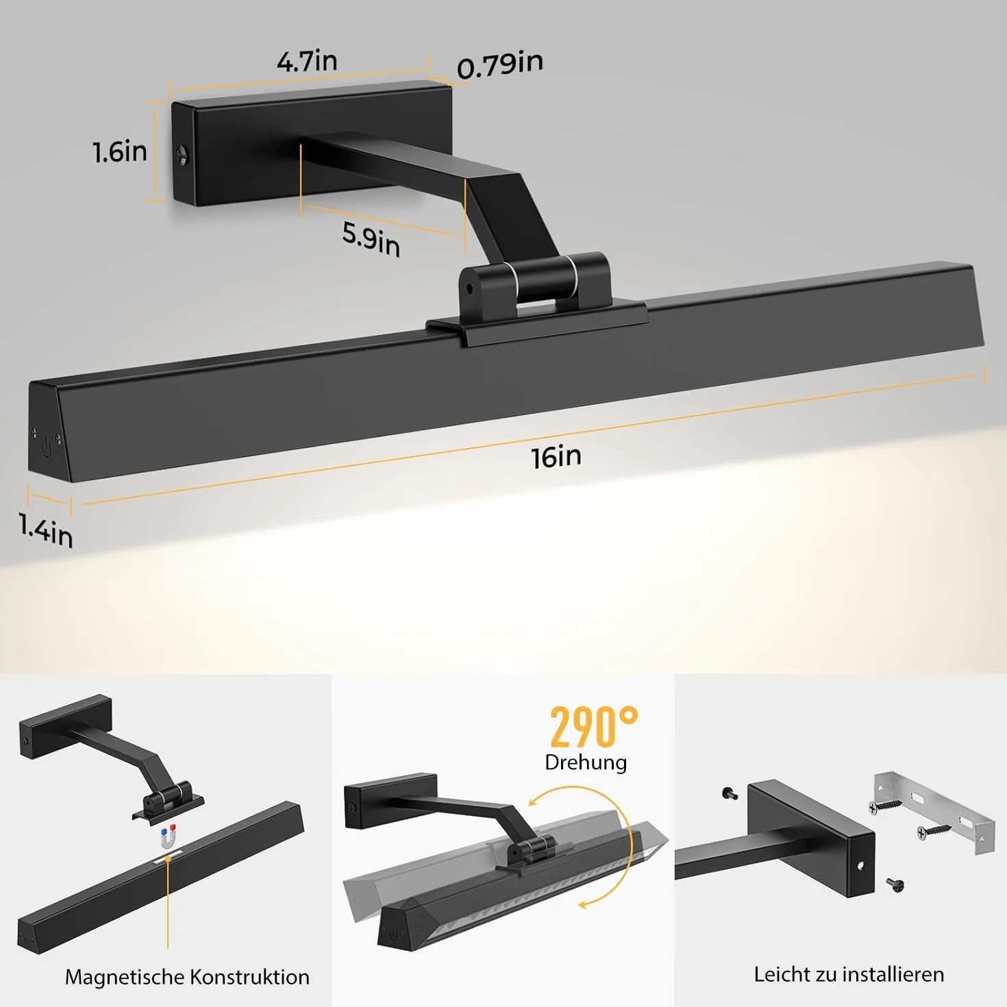 AIBOO LED Lampa do obrazów z akumulatorem, zestaw 2 sztuki, 40 CM, bezprzewodowa oświetlenie obrazów z pilotem zdalnego sterowania, możliwość regulacji jasności, magnetyczna, do wnętrz, bez