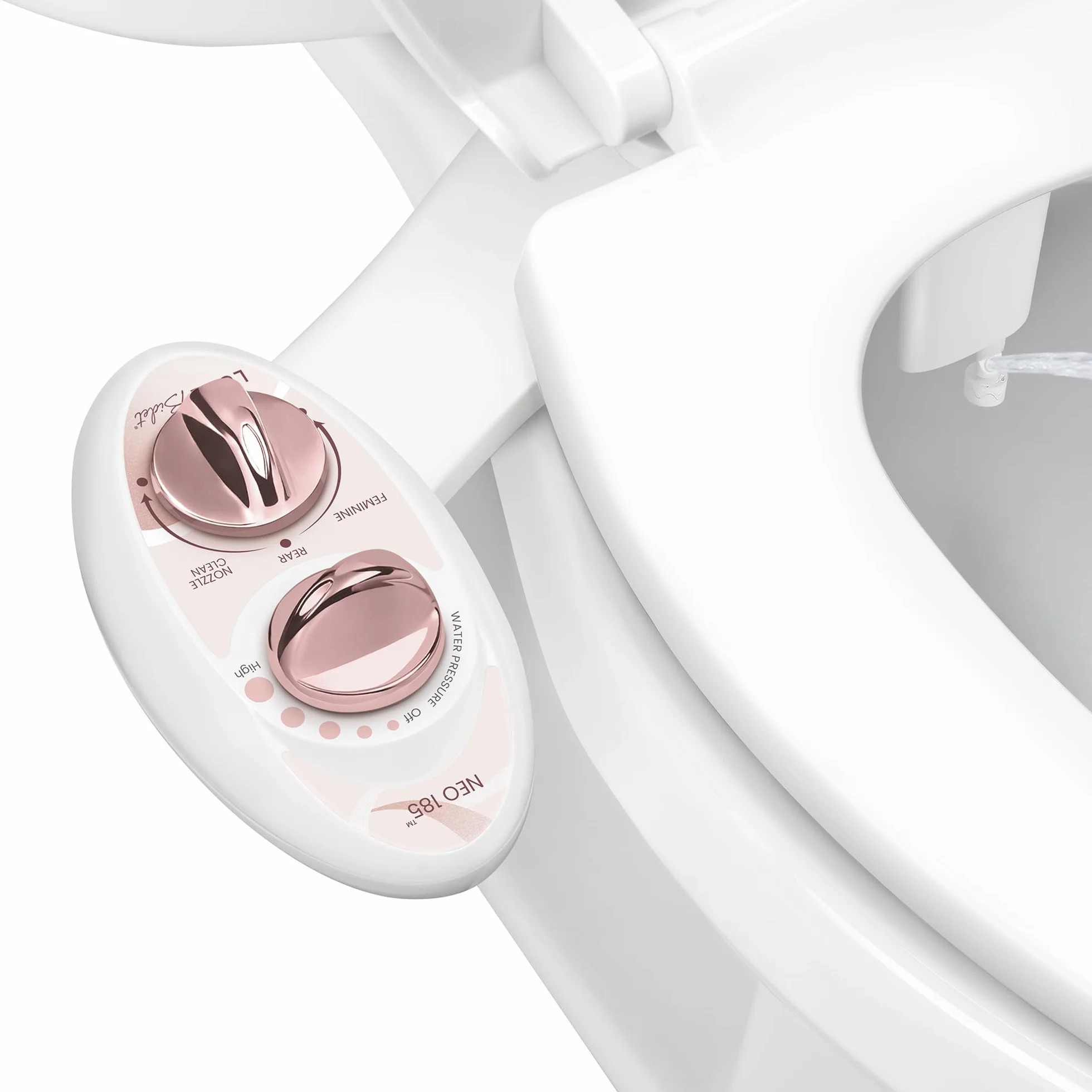 Luxe Bidet NEO 185 – samooczyszczająca się podwójna dysza, nieelektryczna nasadka bidetowa do deski sedesowej, regulowane ciśnienie wody, mycie z tyłu i dla kobiet (różowe złoto)