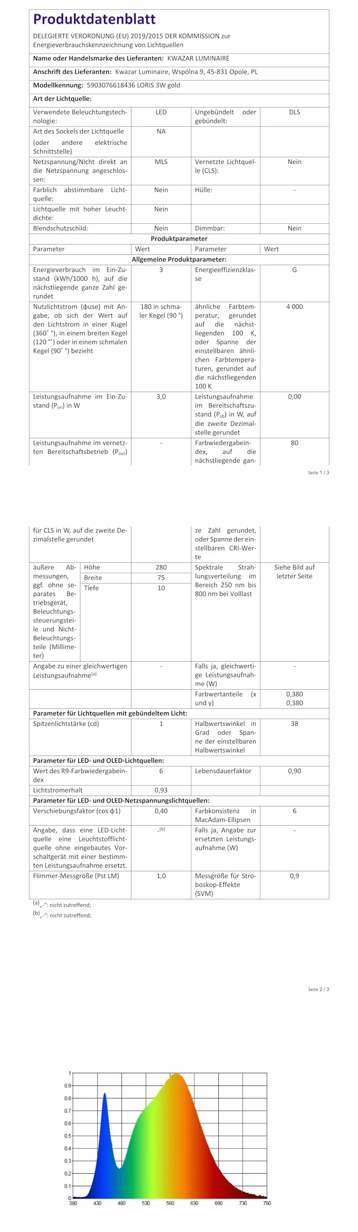 Kwazar Luminaire – Lampka do Czytania – Lampa LED 3 W – Elegancka z Wyłącznikiem – Neutralne Światło 4000 K, 180 lm – do Salonu, Biura – LORIS Złota