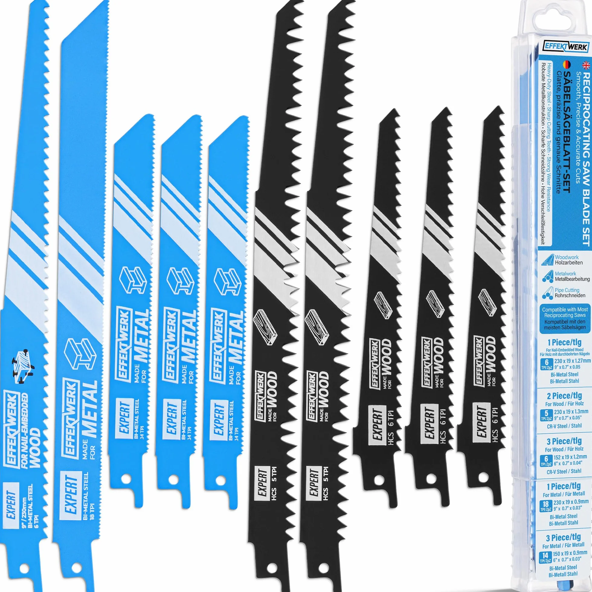 Reciprocating Saw Blade Set - 10 Pieces - Heavy-Duty HCS Steel Sabre Saw Blades for Wood, Metal & Plastic - 5/6/14/18 TPI (Teeth per Inch)