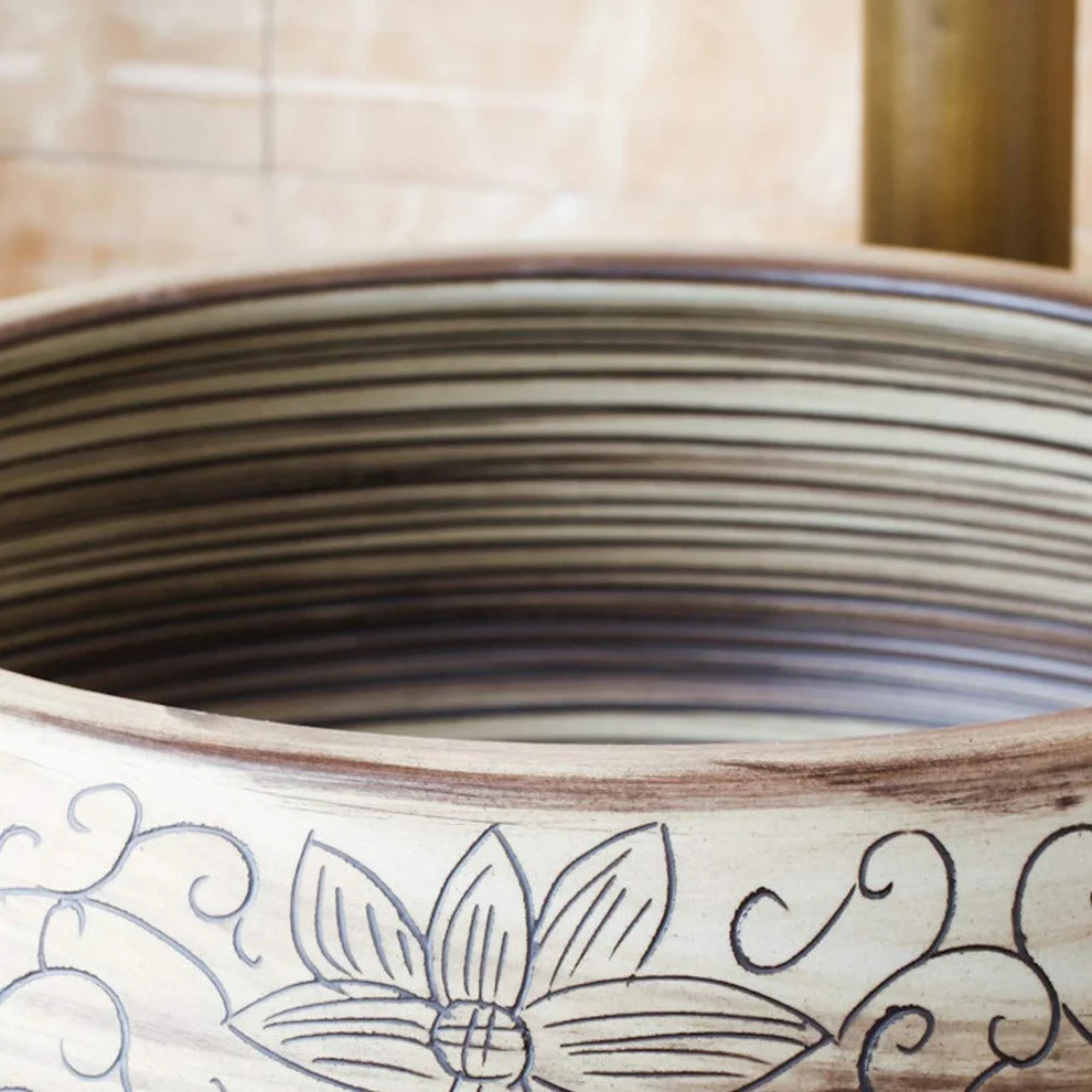 Ceramiczna Umywalka Nablatowa, Okrągła Umywalka, Ręcznie Rzeźbiony Ceramiczny Róg Obfitości, Umywalki Łazienkowe, Umywalka Dekoracyjna W Stylu Hotelowym, Umywalka Korytar