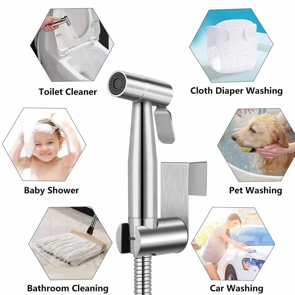 Zestaw do spryskiwacza bidetowego, ze stali nierdzewnej szattaf toaleta bidet głowica łazienka tkanina pieluchy myjka do higieny osobistej, czyszczenia toalety, kąpieli dla zwierząt domowych (w tym adapter T-)