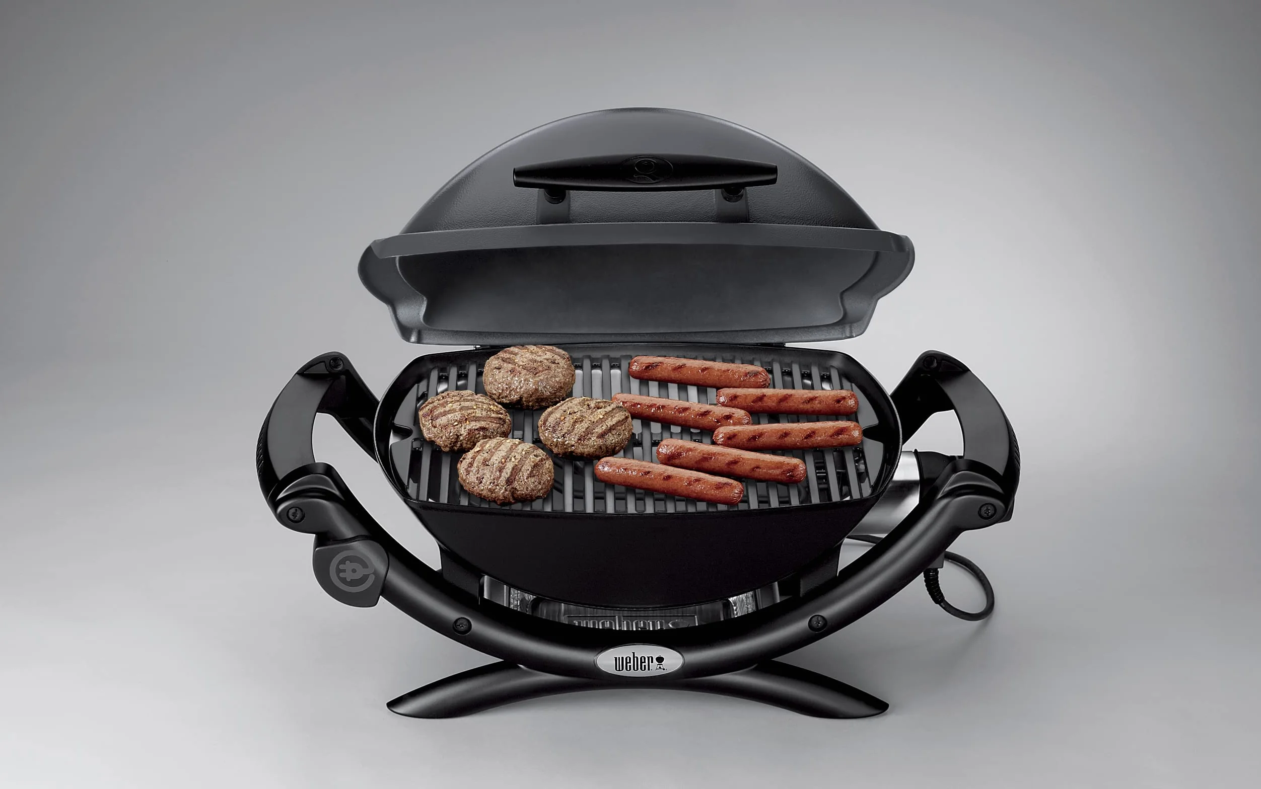 Weber Q1400 Elektryczny Grill, powierzchnia grillowania 43 x 32 cm, przenośny BBQ Grill,2-częściowy żeliwny ruszt pokryty emalią porcelanową, pokrywa i obudowa aluminiowa - Ciemnoszary (52020079)