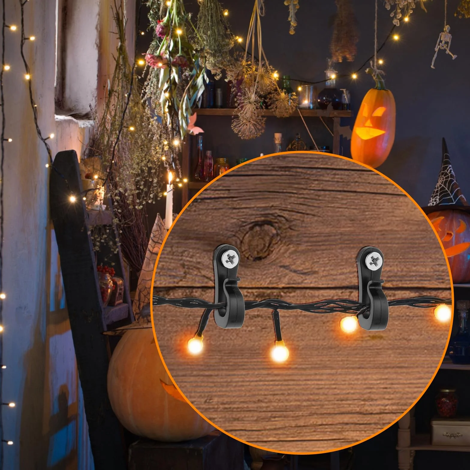 simarro Q Haczyki do zawieszania łańcuchów świetlnych, Halloween, Boże Narodzenie, ze śrubą, do użytku wewnątrz i na zewnątrz, klipsy do wiszących łańcuchów świetlnych, oświetlenie tarasowe, łańcuch