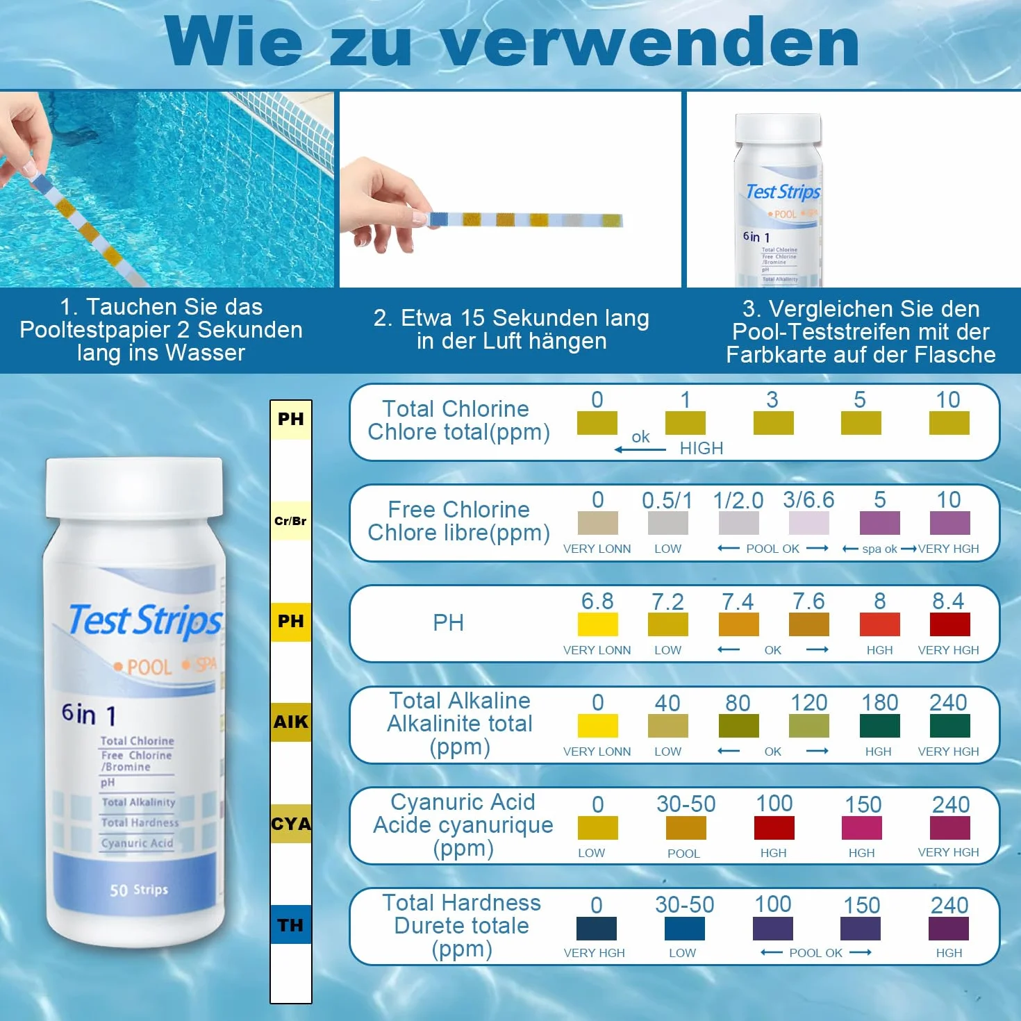 Onperpoe 100 sztuk 6 w 1, paski testowe pH i chloru, cyfrowe paski testowe wartości pH, tester wody, do akwarium, pomiar twardości wody, do testowania basenu, testowania kwasu cyjanurowego