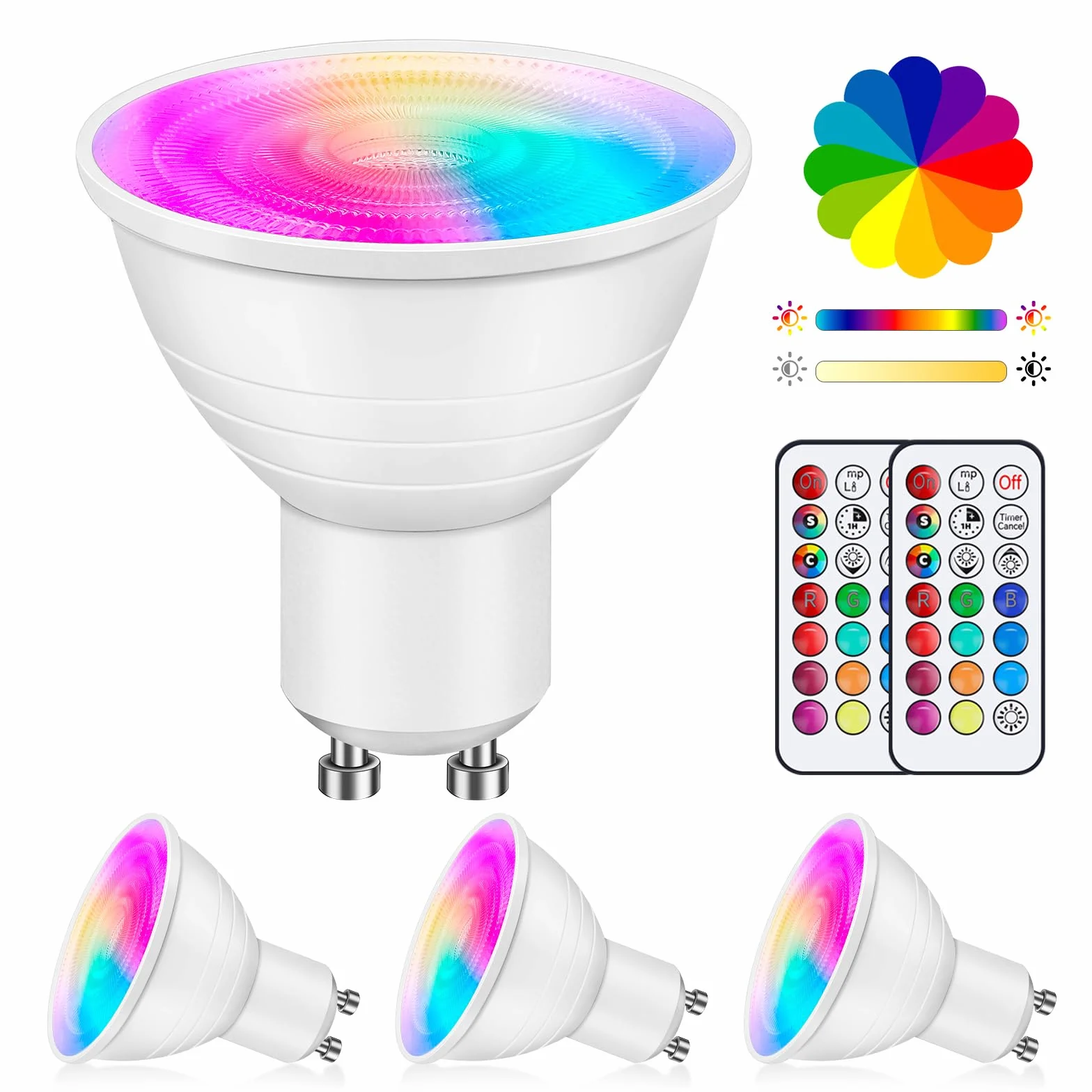 4 szt. Wielokolorowe reflektory LED GU10 5W o zmiennej intensywności, żarówka zmieniająca kolor z pilotem, RGB + ciepła biel