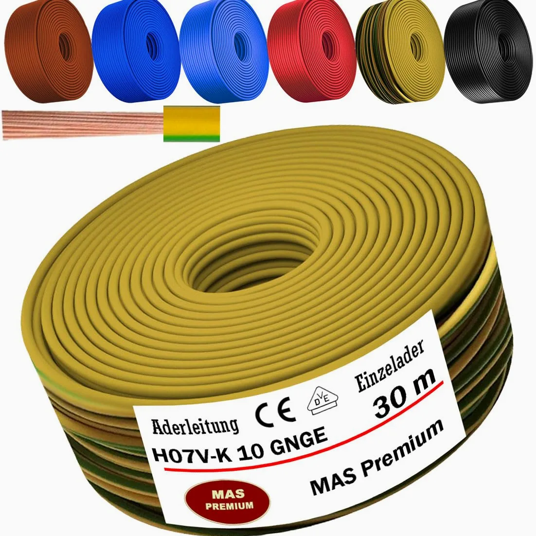 MAS Premium Przewód żyłowy od 5 do 100 m H07 V-K 10 mm², czarny, brązowy, ciemnoniebieski, zielono-żółty, jasnoniebieski lub czerwony, elastyczny (zielono-żółty, 30 m)