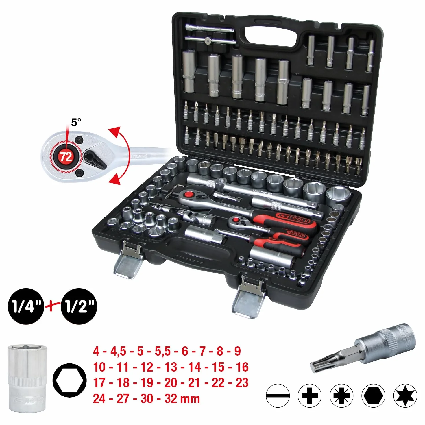 KS Tools 911.0708 Zestaw kluczy nasadowych, 108-szt, 1/4"+1/2"