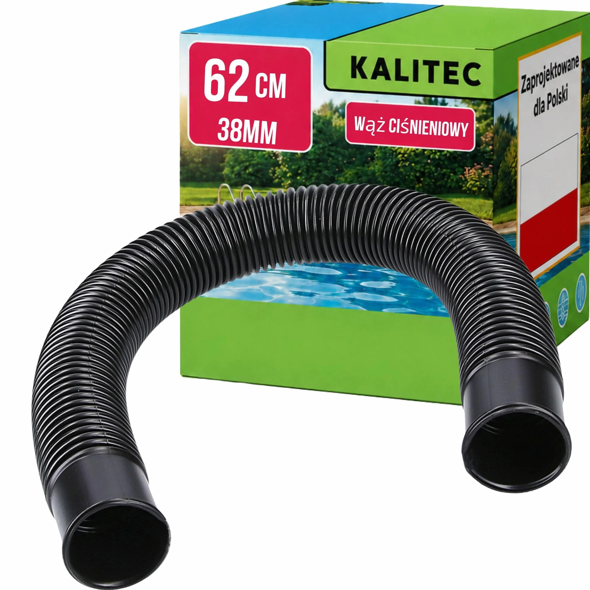 Kalitec wąż ciśnieniowy 38 mm 62 cm czarny - elastyczny wąż ssący - do pompy basenowej, filtra piaskowego i skimmera - wąż przyłączeniowy 1 1/2 cala wąż basenowy
