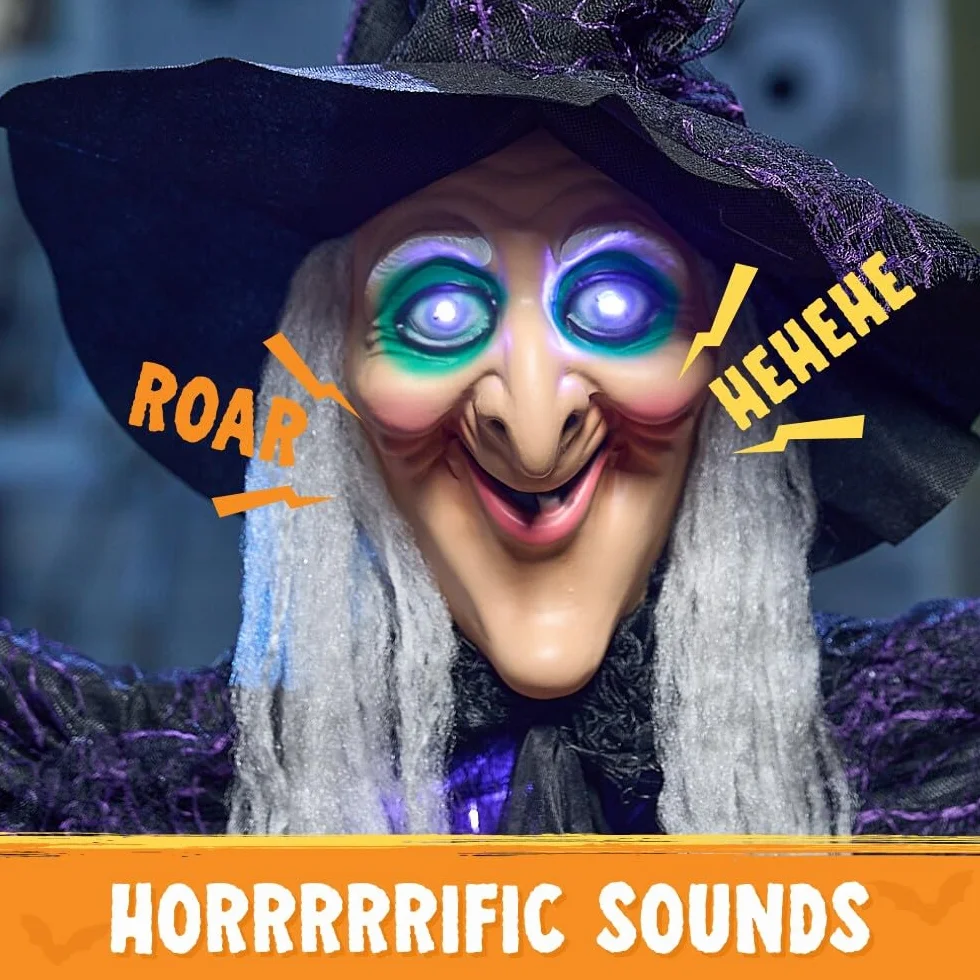JOYIN Dekoracje na Halloween 183 cm do wnętrz wisząca gadająca czarownica wystrój, świecący duch z fioletowymi oczami aktywacja dźwiękiem nawiedzony dom artykuły imprezowe rekwizyt