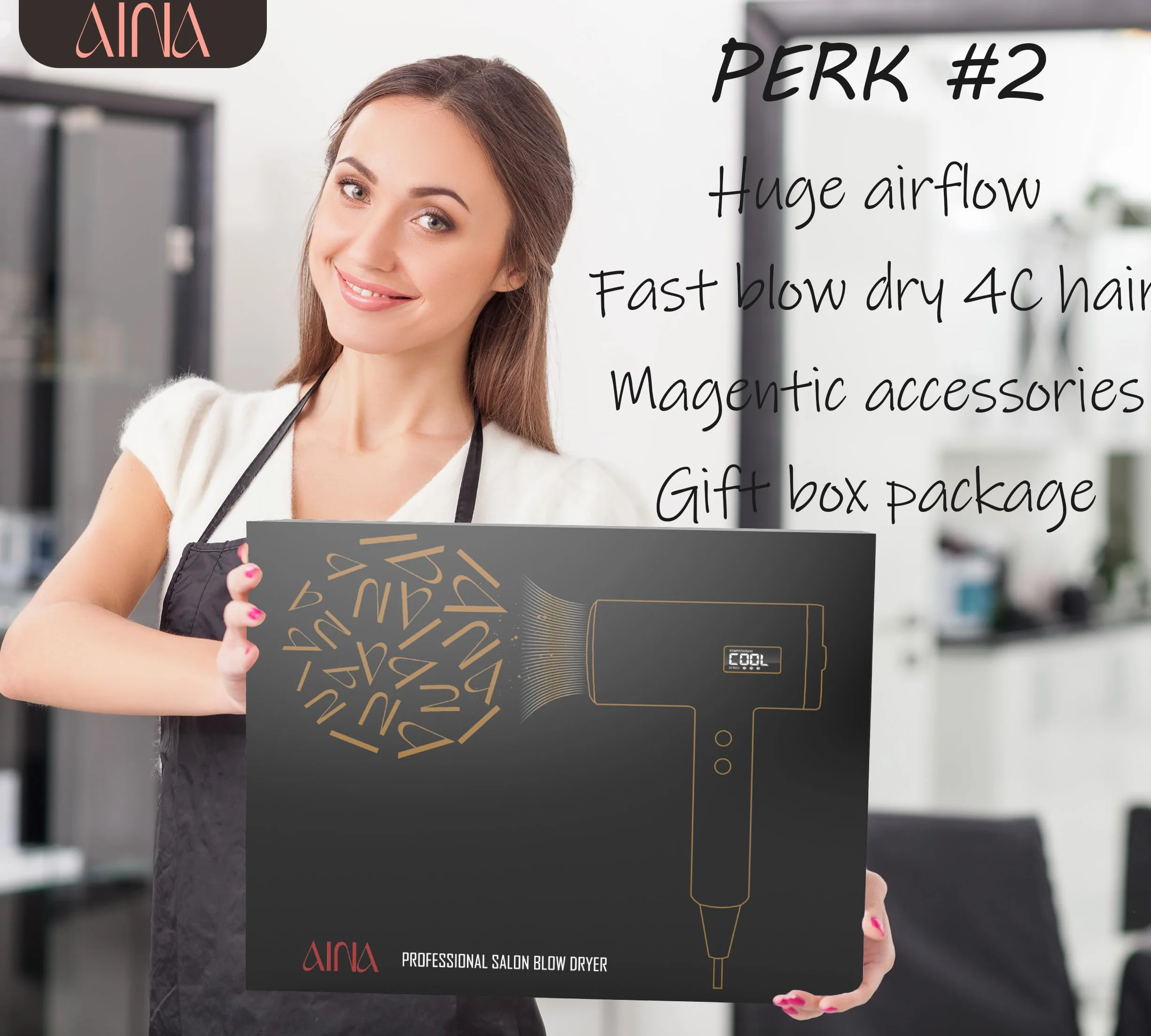 AINA Pro Salon Hair Dryer (New tech), 2200 W Blow Dryer z grzebieniem dyfuzora dla kobiet | BLDC Hair Dryer | bezszczotkowy silnik 150 000 obr./min | jonowa | wyświetlacz LED | 4 magnetyczne akcesoria