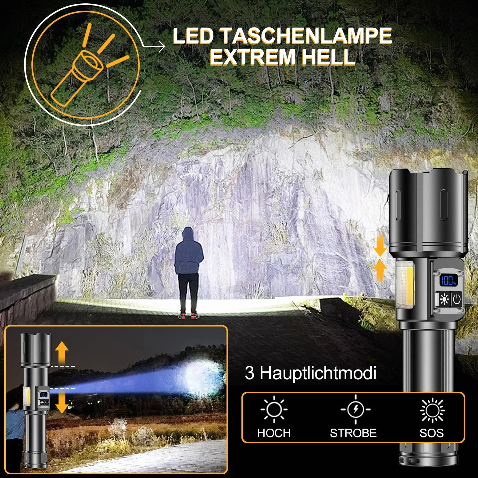 Akumulatorowa Latarka LED, 1000000 Lumenów, Niezwykle Jasna, 9 Trybów, z bocznym światłem COB, z płynną regulacją jasności, z ekranem LCD, do biwakowania, Sytuacje Awaryjne