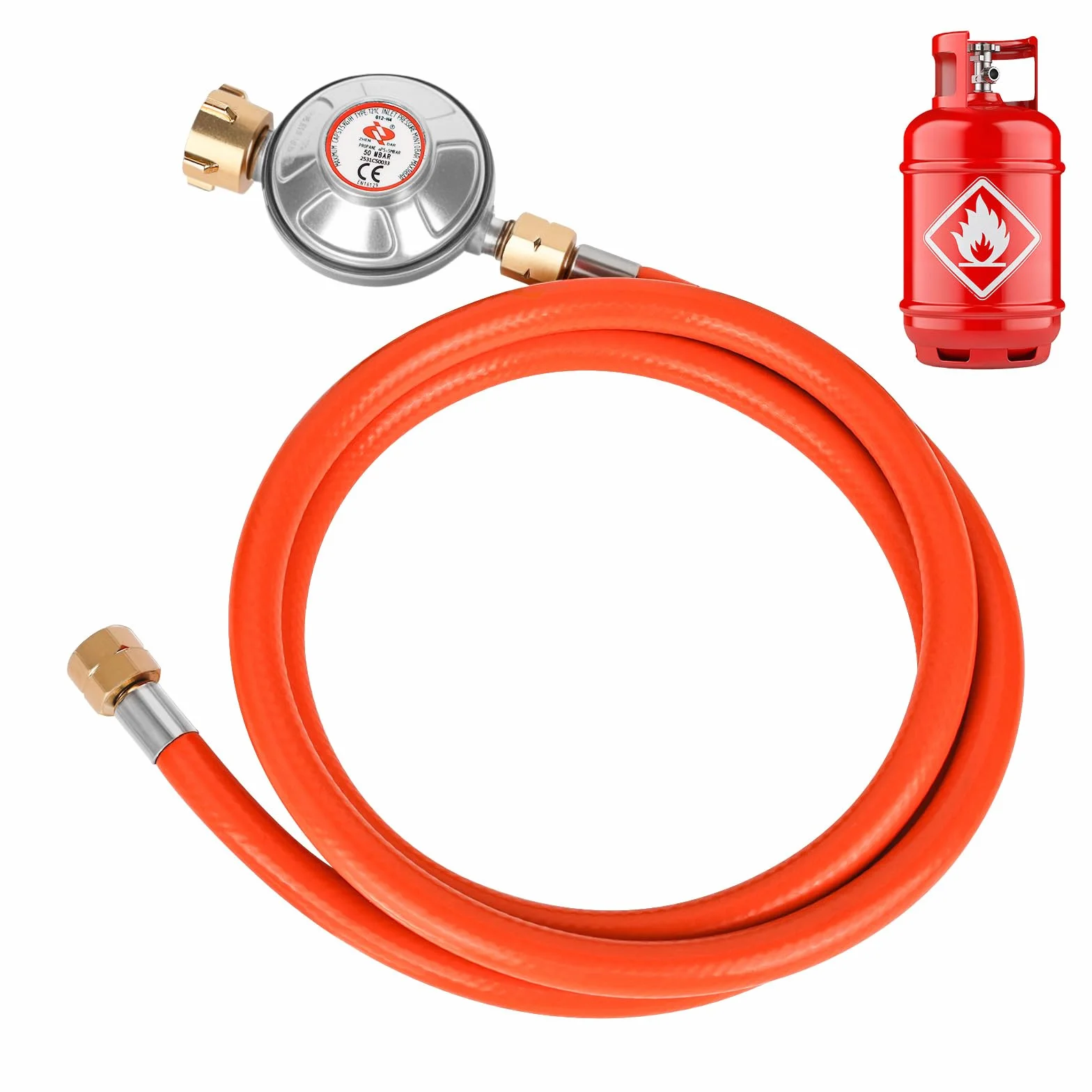 Regulator ciśnienia gazu 50 mbar, wąż gazowy 150 cm, gwint zewnętrzny 1/4"-19 LH do grilla