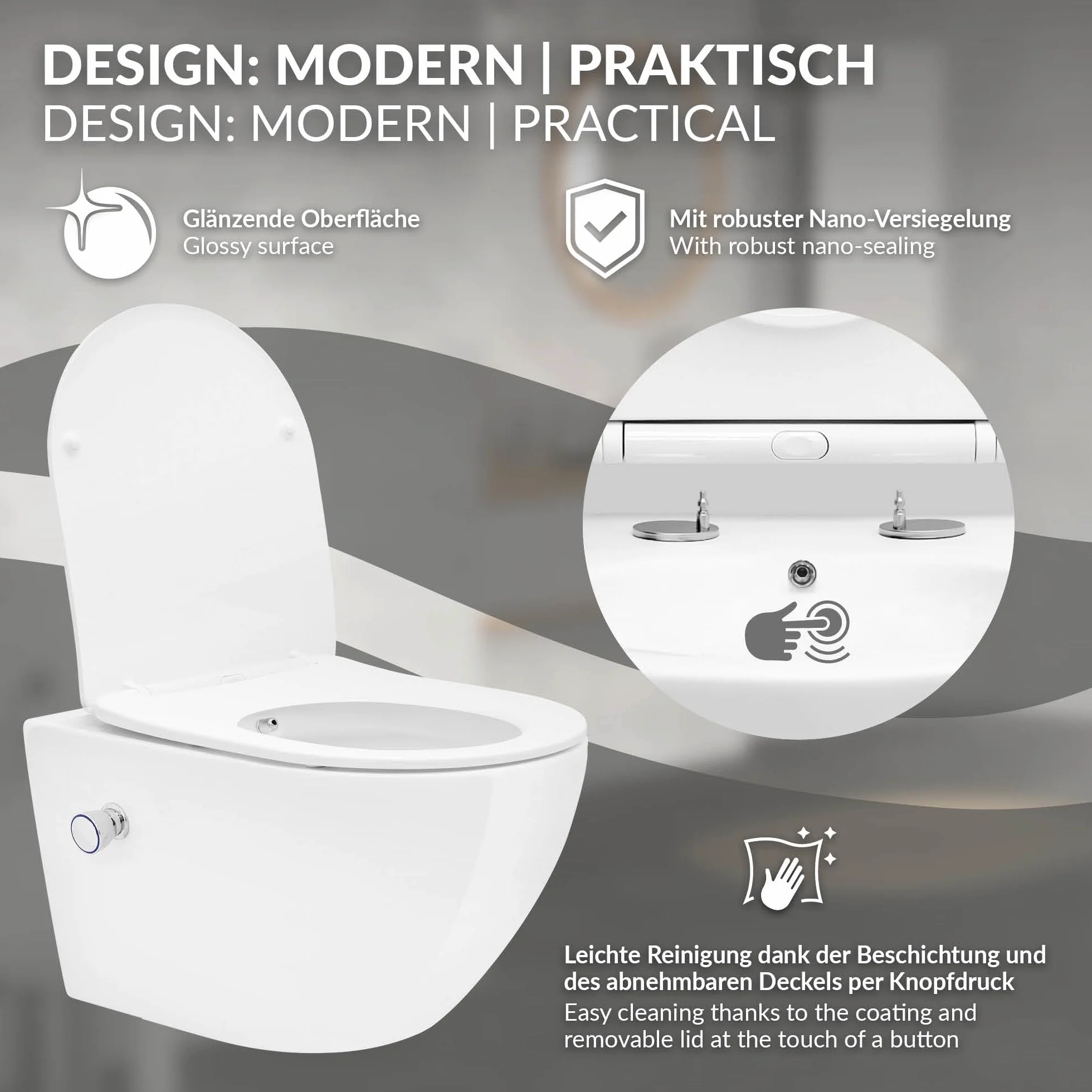 LuxeBath wiszaca muszla klozetowa bez rantu z funkcja bidetu, biala, powloka Wash WC Nano, spluczka Tornado, gleboko splukiwana ceramiczna, dluga 54 cm, klozetowa z miekko zamykana deska klozetowa