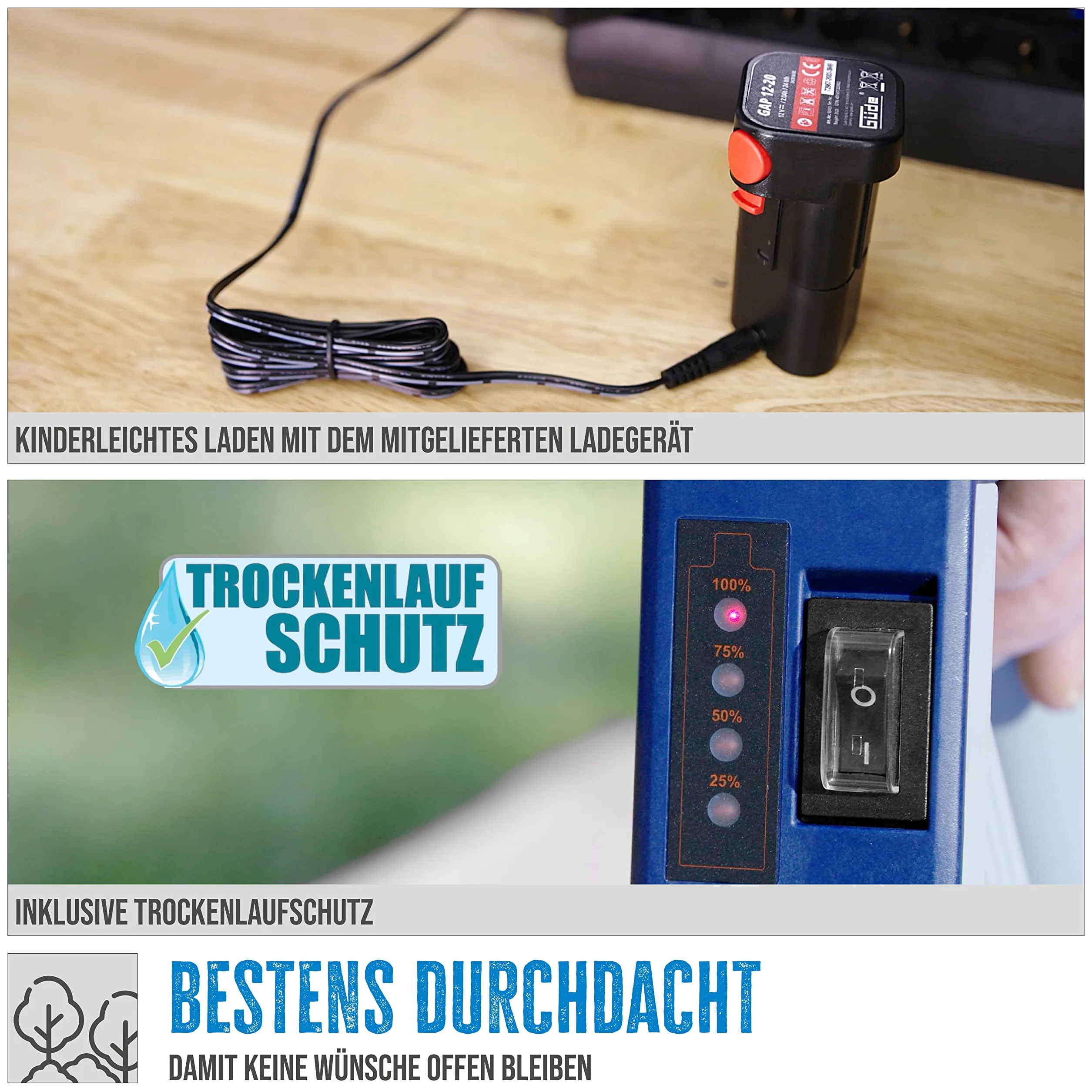 Güde Akumulatorowa pompa do beczki deszczowej RFP 12-201-04 (12 V, 1500 l/h, testowana dobrze - bardzo dobra ochrona przed pracą na sucho, wysokość tłoczenia 11 m, maks. wielkość ziarna 0,5 mm, zawór