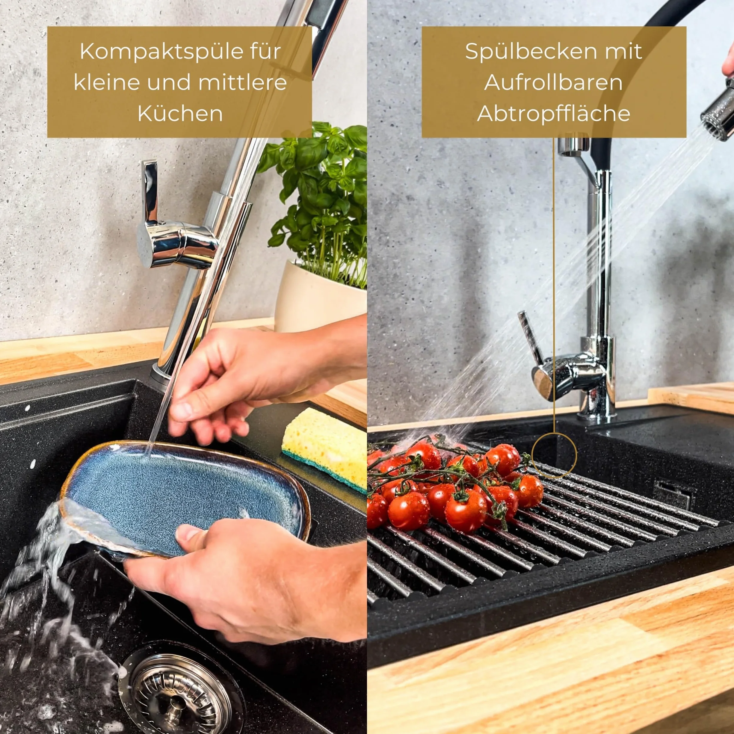 SINK Quality zlewozmywak beżowy z armaturą zestaw 62 x 46 – zlewozmywak z kranem, syfon, push, ociekacz, środek impregnujący – kompletny zestaw do szafki pod umywalkę 55