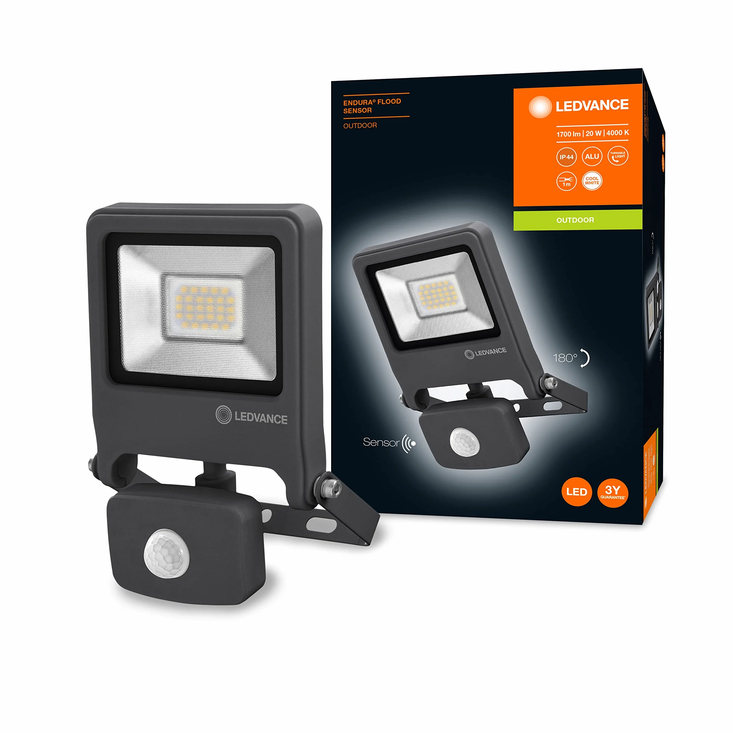 LEDVANCE Naświetlacz LED: for ściana, ENDURA® FLOOD Sensor Zimna biel / 20 W, 220…240 V, kąt rozsyłu światła: 120°, Zimna biel, 4000 K, materiał: aluminum, IP44