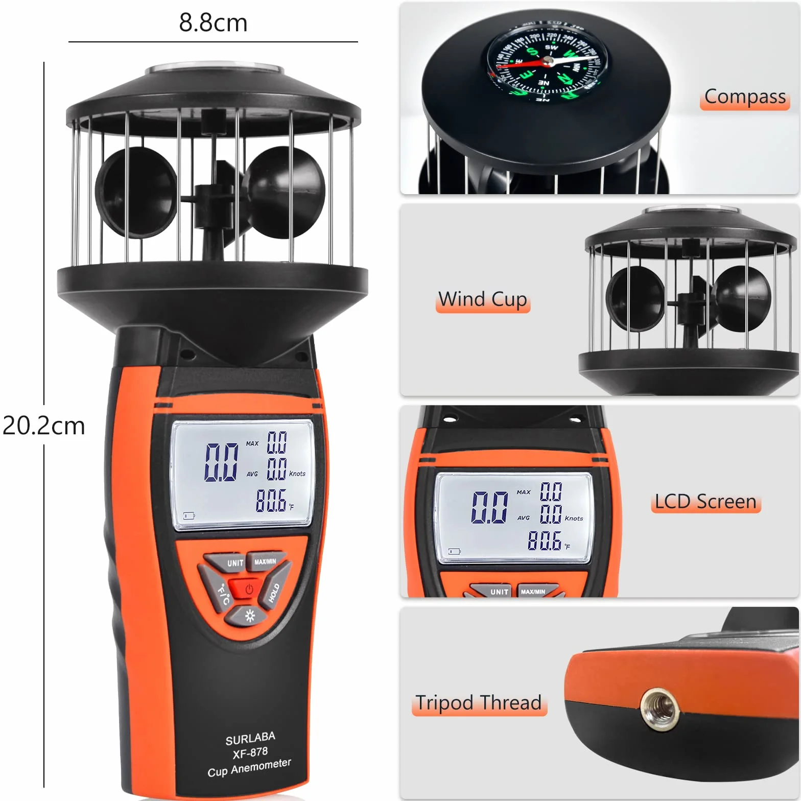 Wind Cup Anemometr na Zewnątrz XF-878 Miernik Prędkości Wiatr Pole Pomiaru 0.7~42m/s z MAX/MIN/AVG Tryb i Temperatura Test, Przenośny miernik wiatr dla Strzelania, Dron, Żeglarstwo, Windsurfing