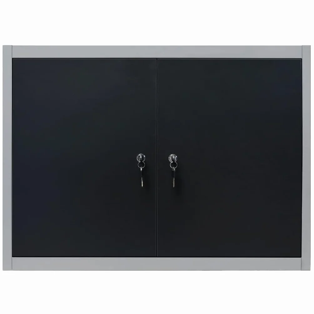 Szafa narzędziowa ścienna w stylu przemysłowym, metalowa, szara, czarna, z 2 półkami, płytą perforowaną, zamykanymi drzwiami, 80 x 19 x 60 cm, idealna do warsztatu, garażu, dla majsterkowiczów do