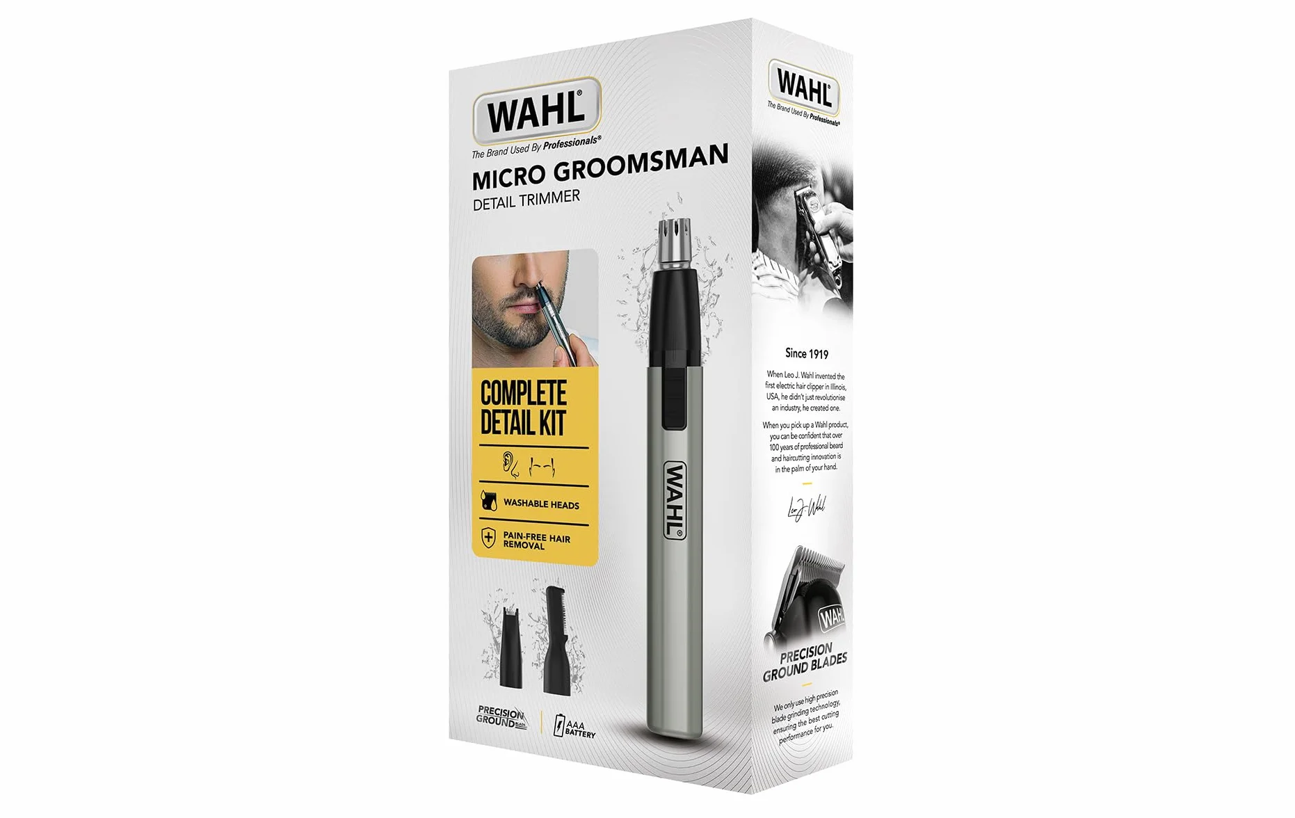 WAHL Micro Groomsman, 3 in 1, Precyzyjny Trymer do Uszu, Nosa i Zarostu, Obrotowy trymer do nosa/uszu, Zasilany na Baterię, Wodoodporne Końcówki, Wodoodporne Końcówki o Długiej Żywotności