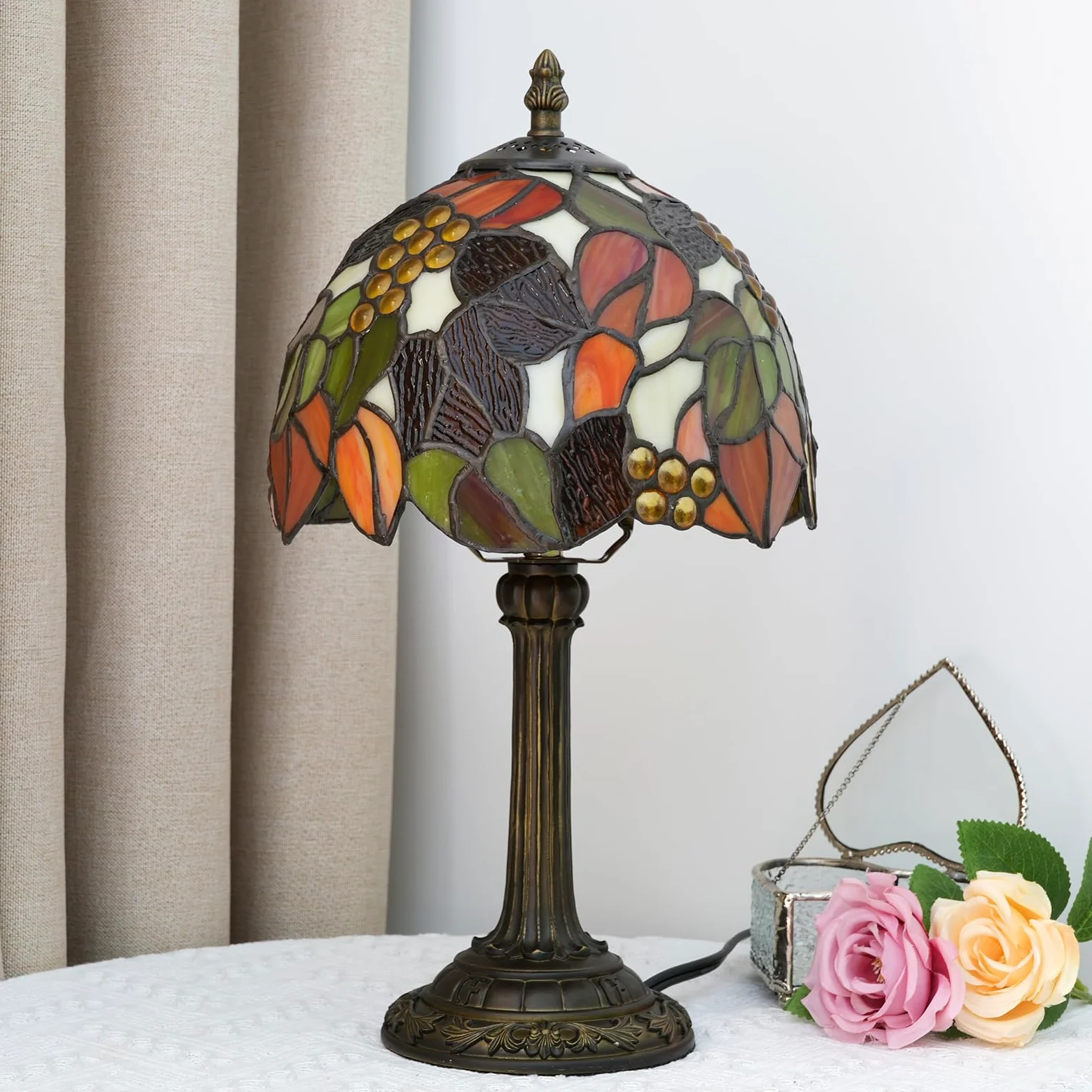 Tiffany lampa stołowa z witrażem, pomarańczowa, winogronowa, do sypialni, na biurko, do biura, sypialni, baru, dekoracja, styl retro, jedyny w swoim rodzaju, miły akcent, dekoracja 20 cm