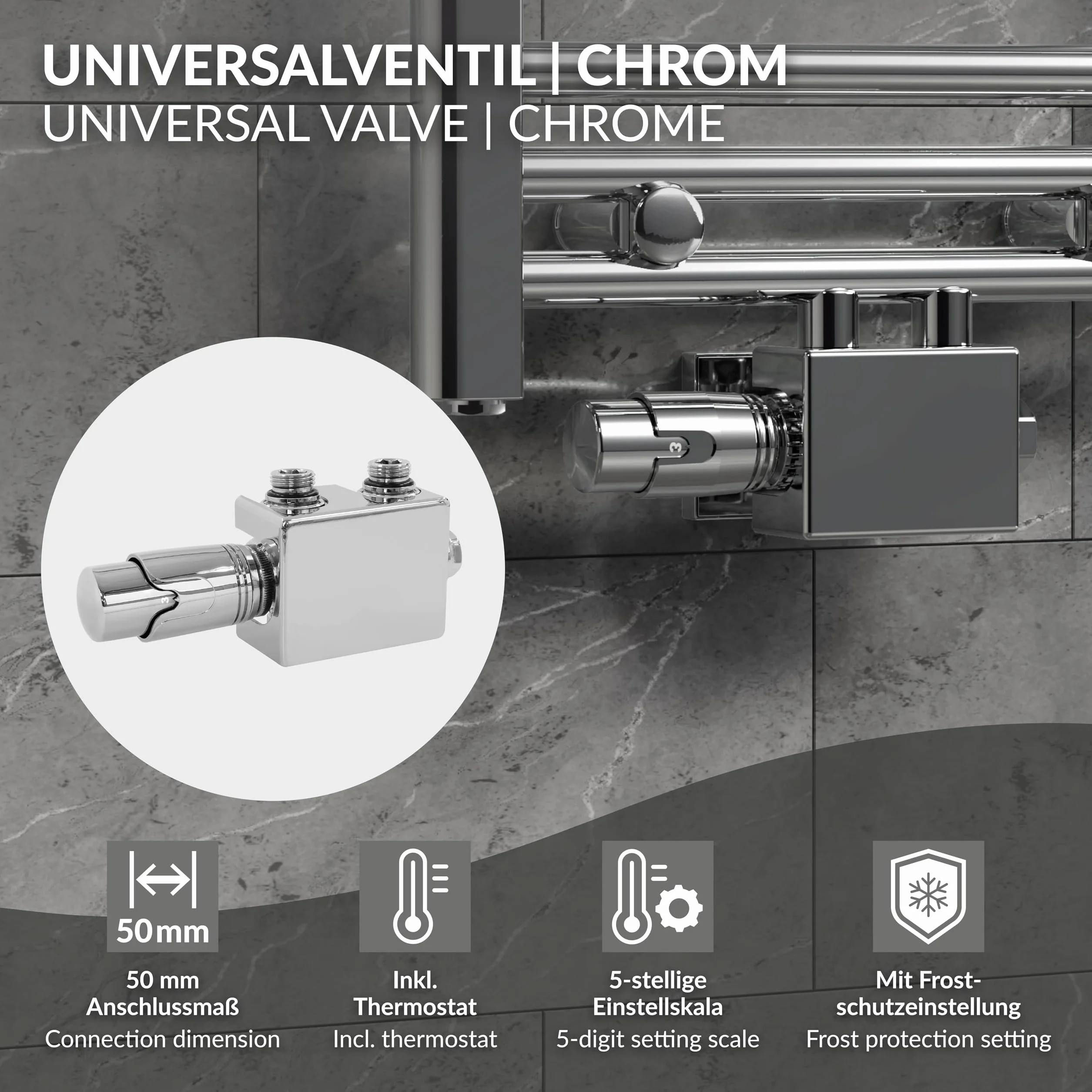 ECD Germany Zestaw Zaworowy Multiblock Chrom Chrom Uniwersalny Narozny I Prosty Z Glowica Termostatyczna Do Grzejników Lazienkowych Z Podlaczeniem Srodkowym - Zestaw Przylaczeniowy Grzejnikowy