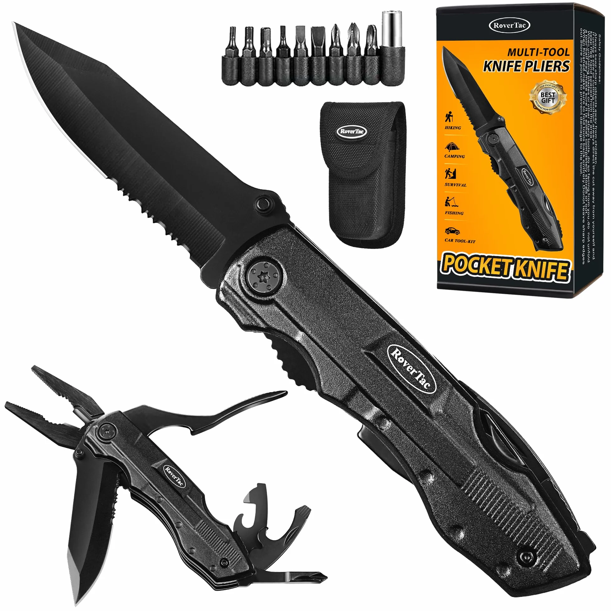 RoverTac Multitool scyzoryk dla mężczyzn, prezent: składany nóż survivalowy, nóż kempingowy, szczypce, otwieracz do puszek, zestaw 9 śrubokrętów, z zamkiem zabezpieczającym, nylonowa pochwa, prezent
