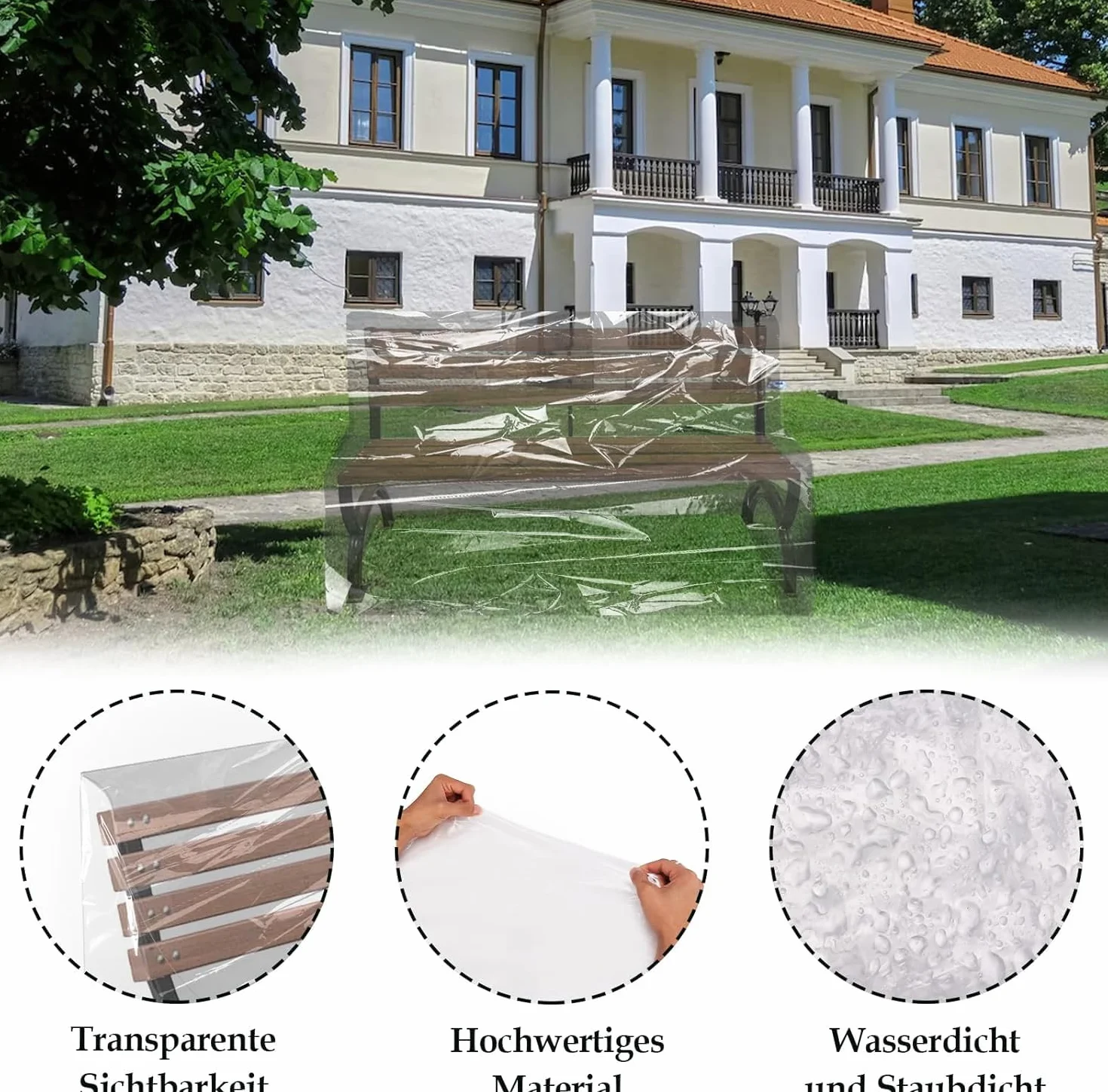 Pokrowiec ochronny na ławkę ogrodową, 160 x 80 x 75 cm, przezroczysty, ochrona przed deszczem, odporna na warunki atmosferyczne