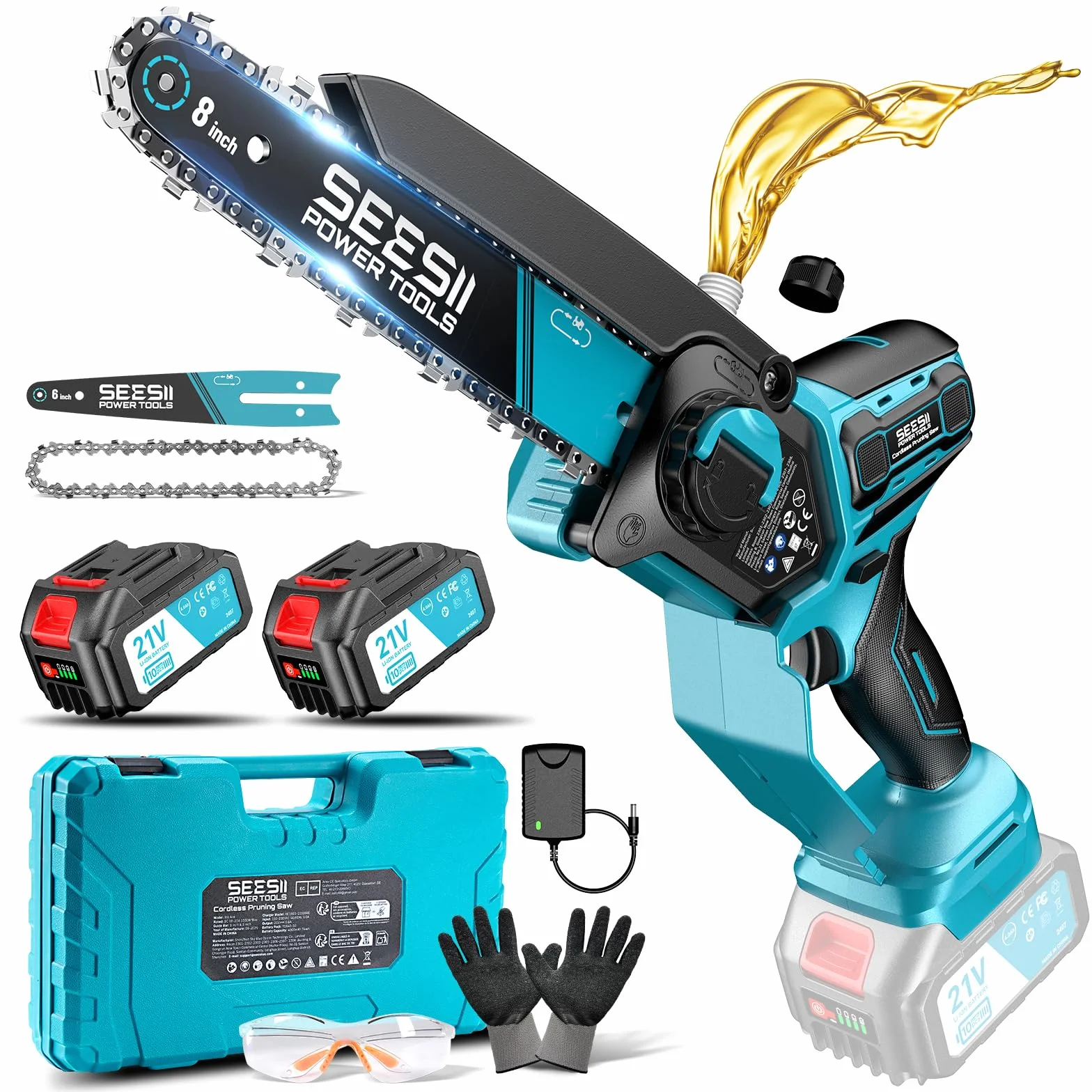 SEESII Mini piła łańcuchowa, 1000 W, bezszczotkowa piła łańcuchowa z 2 bateriami 4000 mAh, mała piła z automatycznym smarowaniem łańcucha i naprężeniem łańcucha bez użycia narzędzi, piła do gałęzi