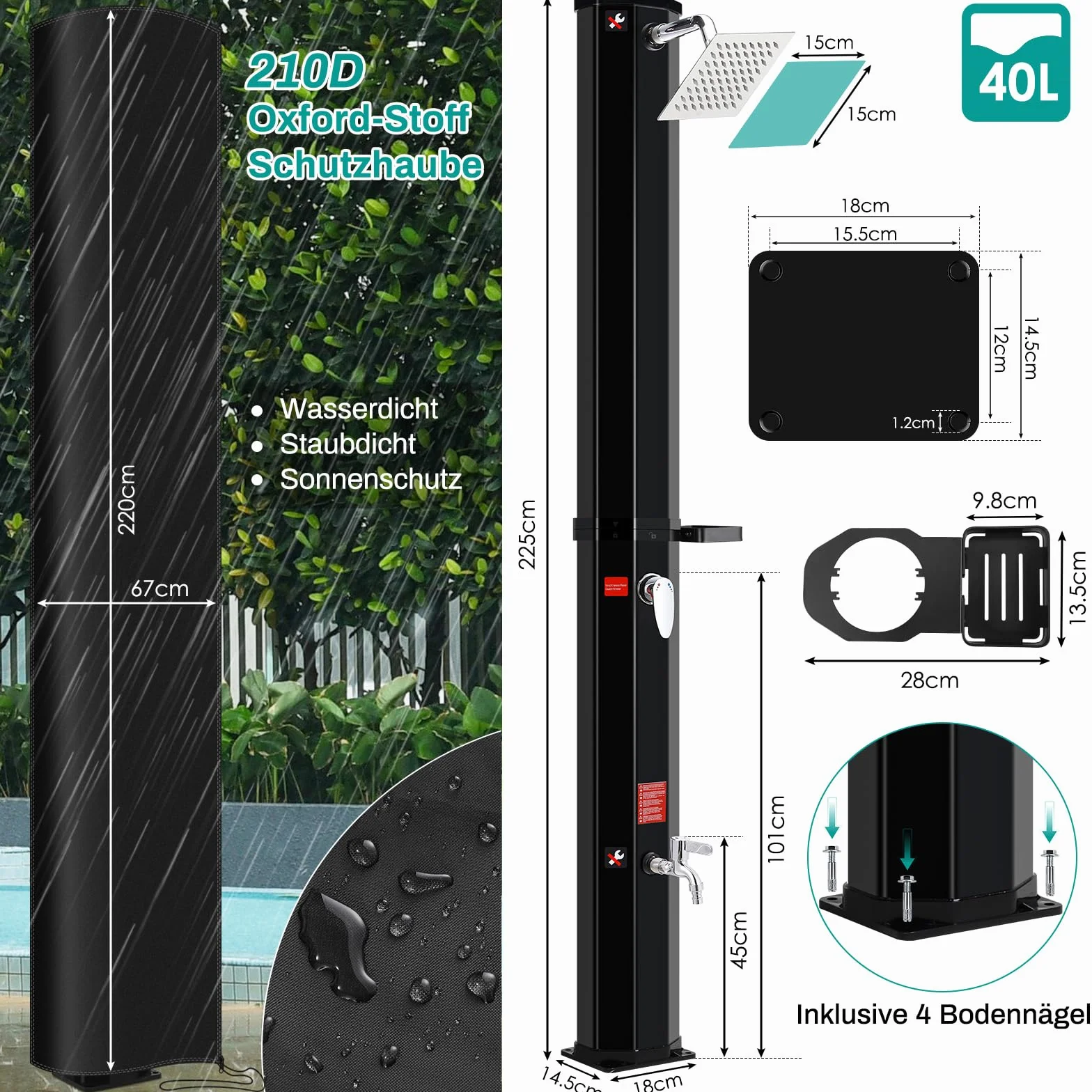 LIFERUN Prysznic solarny 40 l, prysznic ogrodowy, ciepła woda do 60°C, z deszczownicą, kranem, skrzynką na mydło i pokrowcem ochronnym, prysznic basenowy, na kemping, do ogrodu, na balkon i basen, bez