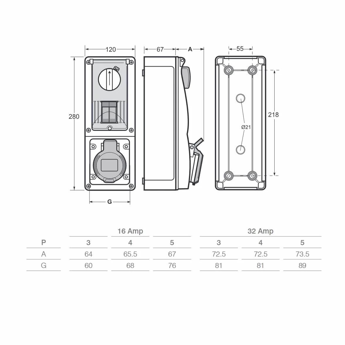 Pionowe gniazdo wtykowe z wyłącznikiem, z przełącznikiem, montowane na ścianie, dolne, uchwyt bezpiecznika, 380 V, 415 V, 5-biegunowe, 3P+N+T, 16A, IP54, do użytku wewnętrznego