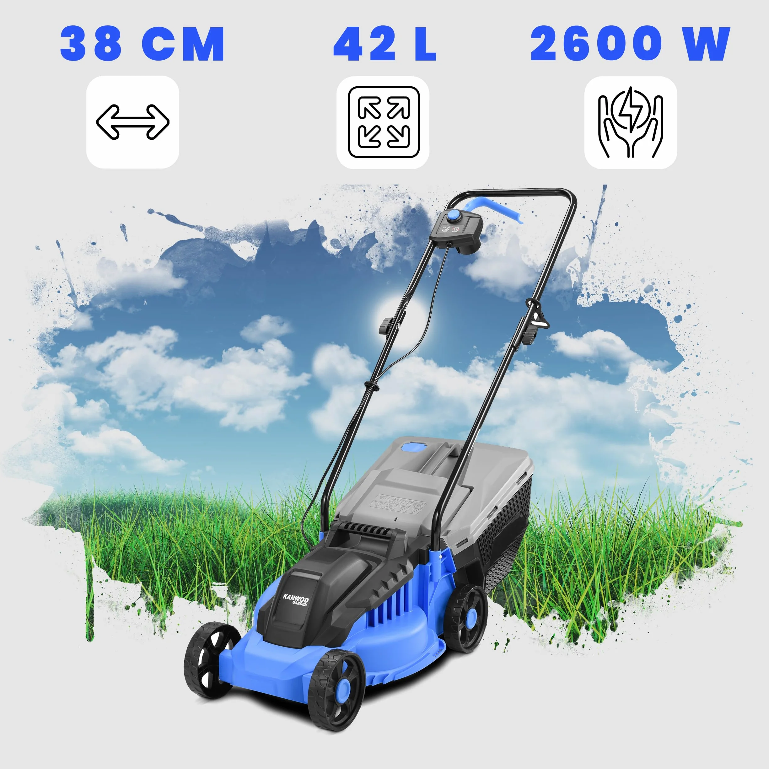 Kanwod KGALM-1638 kosiarka elektryczna o szerokości 38 cm, 1600 W, 5-poziomowa regulacja wysokości cięcia od 30 do 75 cm, 42-litrowy pojemnik na zbieracz, 3400 obr/min